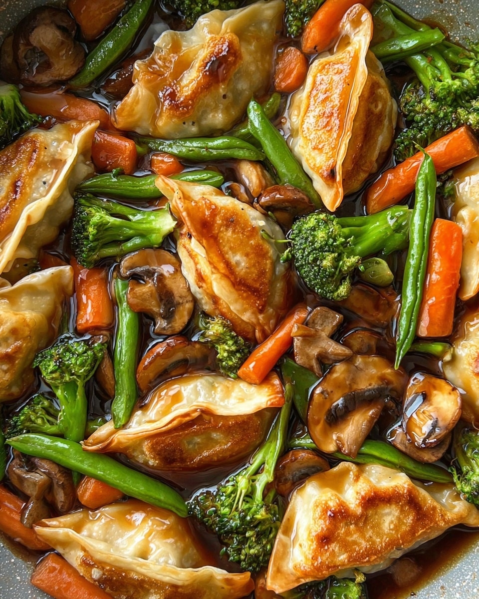 The image shows a close-up of several golden-brown fried dumplings, each with a slightly crispy and glossy texture from the sauce. They are mixed with bright green broccoli florets, tender green beans, thin slices of vibrant orange carrots, and soft brown mushrooms, all coated in a shiny, thick brown sauce. The vegetables are evenly spread around and between the dumplings, creating a colorful and fresh contrast to the dumplings' warm tones. The dish appears to be in a pan with a white marbled textured surface visible underneath parts of the food. photo taken with an iphone --ar 4:5 --v 7