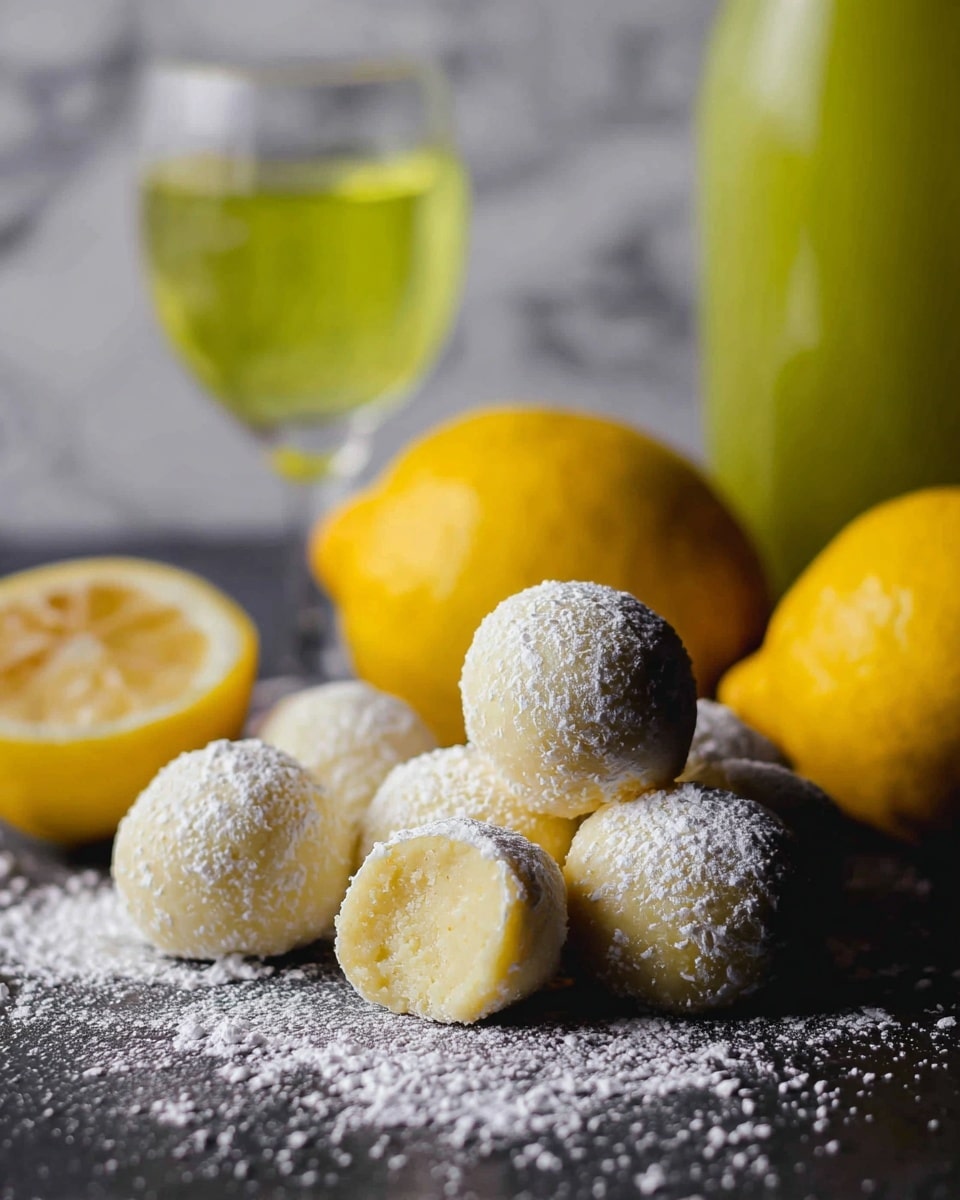 Six round lemon balls dusted with white powdered sugar are placed on a dark surface with scattered powdered sugar. One lemon ball is cut open, showing a soft pale yellow inside. Behind the lemon balls, there are three whole yellow lemons and one lemon half with bright yellow flesh. In the background, there is a glass with a yellow-green liquid and a tall bottle with a matching yellow-green color. The scene is set against a white marbled texture surface. photo taken with an iphone --ar 4:5 --v 7
