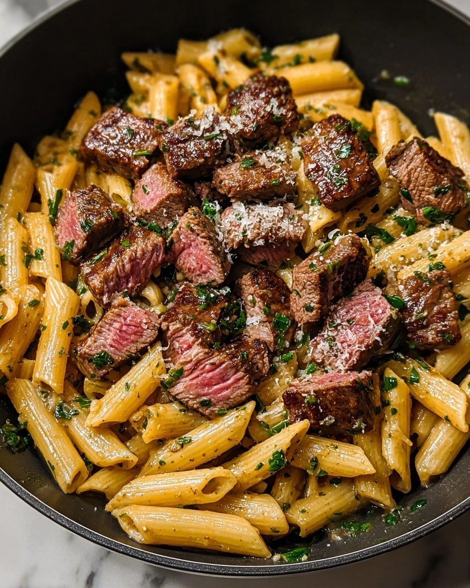 The image shows a close-up of a dish with two main layers. The bottom layer is made of penne pasta cooked to a light golden-brown color, coated with a slight glossy sauce and scattered with finely chopped green herbs. The top layer consists of bite-sized pieces of steak, each showing a browned and slightly crispy outer edge with a juicy pink center, giving a nice contrast to the pasta below. Some grated cheese is lightly sprinkled over the steak, adding small white flecks on top. The dish is served in a black pan, set against a white marbled texture. photo taken with an iphone --ar 4:5 --v 7