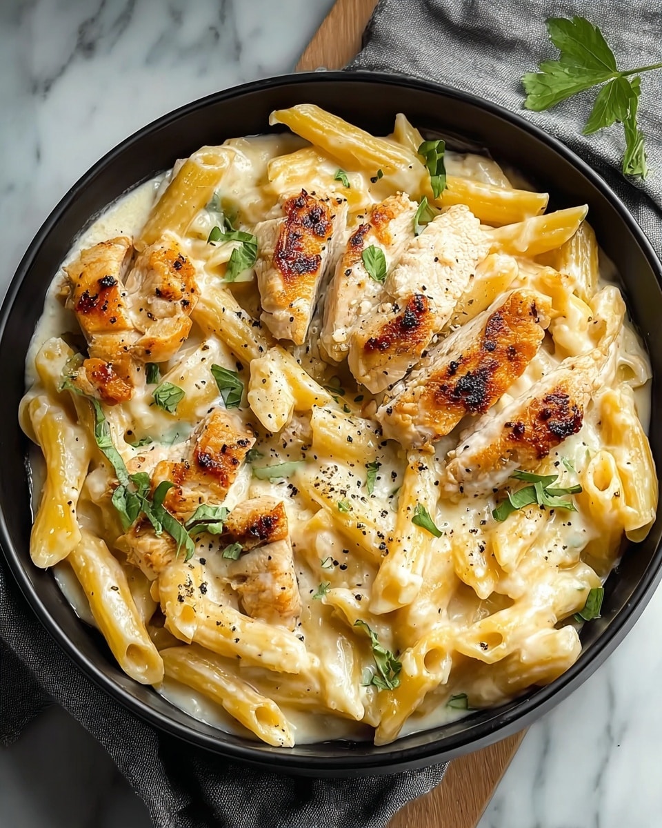 A black bowl filled with a creamy chicken pasta dish sitting on a white marbled surface. The bottom layer consists of golden-yellow penne pasta mixed in a thick white sauce. On top are pieces of grilled chicken with browned, slightly crispy edges, scattered evenly over the pasta. The chicken and pasta are sprinkled with fresh green herbs and a few cracks of black pepper for texture and color contrast. A soft gray cloth is partially visible around the bowl edge. Photo taken with an iphone --ar 4:5 --v 7