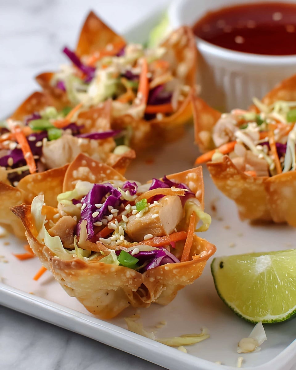 The image shows four small taco-shaped appetizers arranged on a white rectangular plate, each with a crispy golden shell filled with a mix of colorful shredded vegetables including purple cabbage, green cabbage, and orange carrots, along with some light brown beans. A small white bowl filled with red sauce sits on the upper left corner of the plate. There is a lime wedge placed near the bottom right of the plate, with scattered green onion pieces and tiny vegetable bits around the tacos. The background is a white marbled surface with some whole and halved green limes blurred in the distance. photo taken with an iphone --ar 4:5 --v 7