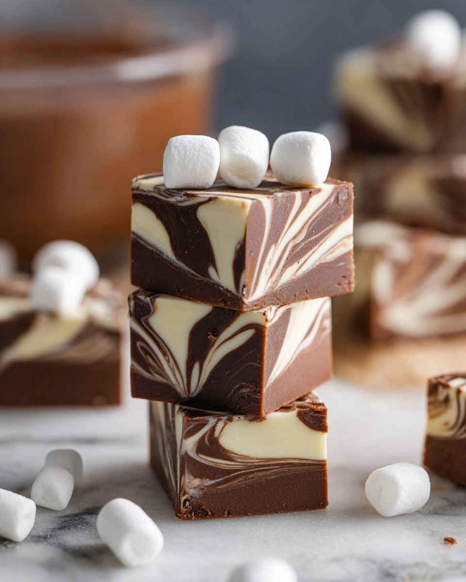 The image shows a stack of three square fudge pieces with two main layers swirled together—rich brown chocolate and creamy white vanilla—creating a smooth, marbled pattern on each piece. The top fudge piece is decorated with four small, round white marshmallows. Around the stack, additional fudge pieces and small white marshmallows are scattered on a white marbled surface. In the blurred background, there is a glass bowl filled with chocolate fudge. The photo taken with an iphone --ar 4:5 --v 7