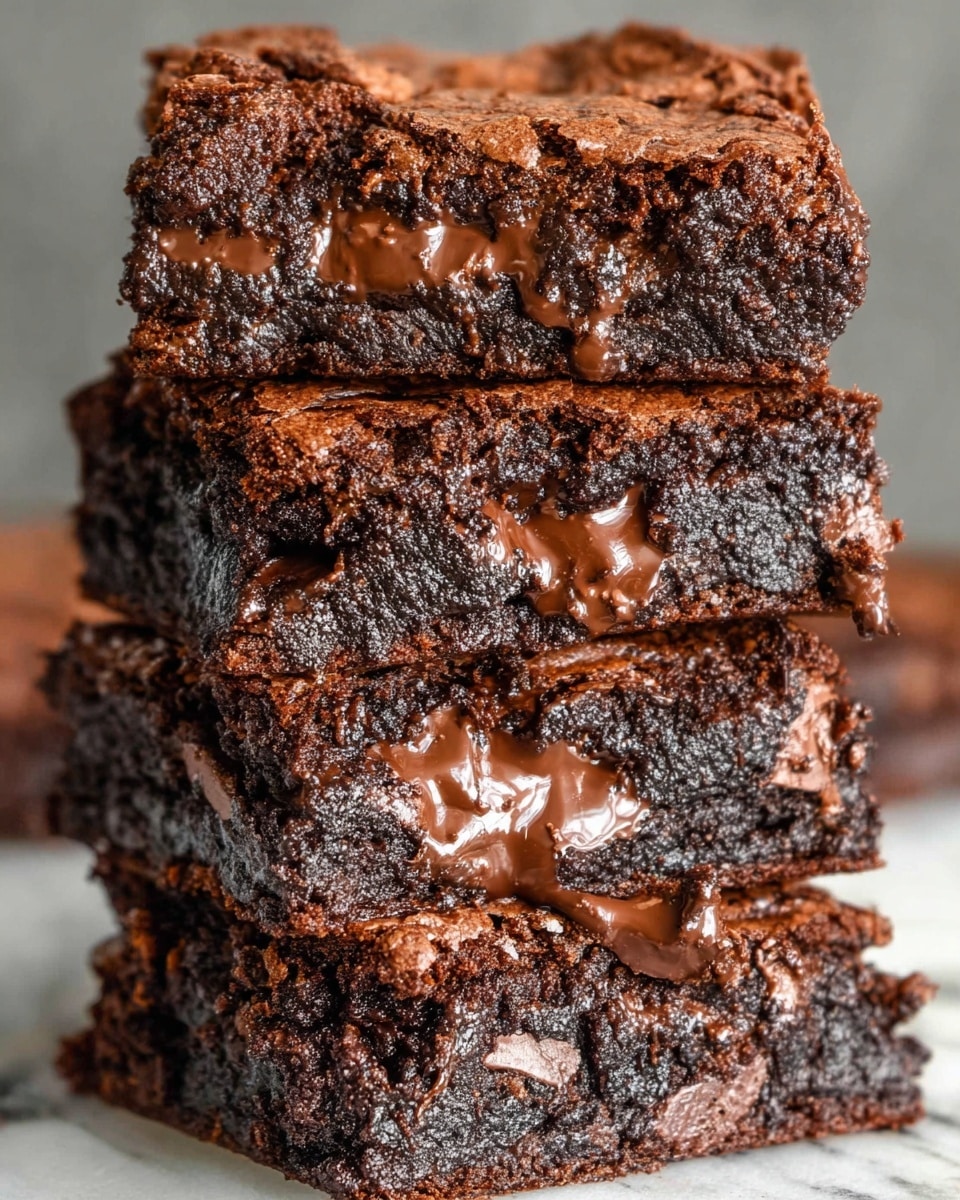 A close-up of a stack of four rich, fudgy brownies placed directly on a white marbled surface, each brownie thick with a dark, moist chocolate base. The top layer of each brownie shows a cracked, slightly crispy chocolate crust that contrasts with the gooey melted chocolate chunks oozing out between the layers, creating a shiny, smooth texture. The brownies are unevenly stacked, showing the soft, dense interior filled with melted chocolate pooling in parts, making the whole stack look indulgent and freshly baked. Photo taken with an iphone --ar 4:5 --v 7