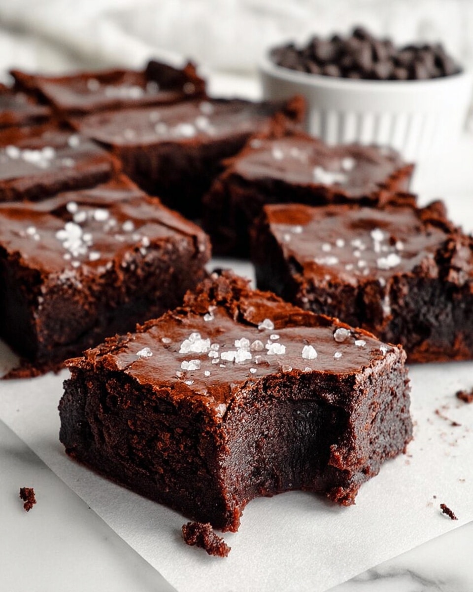 The image shows a close-up of several square pieces of dark chocolate brownies placed on white parchment paper over a white marbled surface. Each brownie has a glossy, slightly cracked top layer sprinkled with flaky sea salt. The brownies have a thick, dense texture with a rich, dark brown color visible inside, and one piece in front has a bite taken out of it, showing the moist and fudgy interior. In the background, there is a white bowl filled with chocolate chips slightly blurred. The overall look is rich and indulgent. photo taken with an iphone --ar 4:5 --v 7