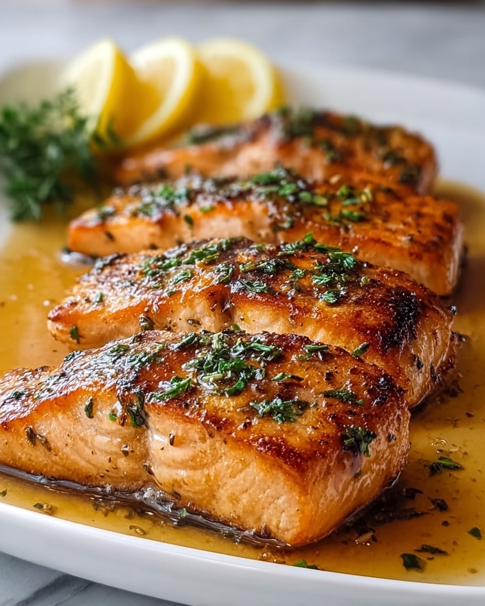 The image shows three grilled salmon fillets placed closely on a white plate, each with a golden-brown, slightly crispy texture on top, and garnished with small green herb pieces. The salmon layers reveal the light orange flesh with subtle grill marks, sitting in a shallow pool of glossy sauce that reflects light. At the back of the plate, there are three lemon wedges and some green herbs, with a white marbled surface underneath the plate. photo taken with an iphone --ar 4:5 --v 7