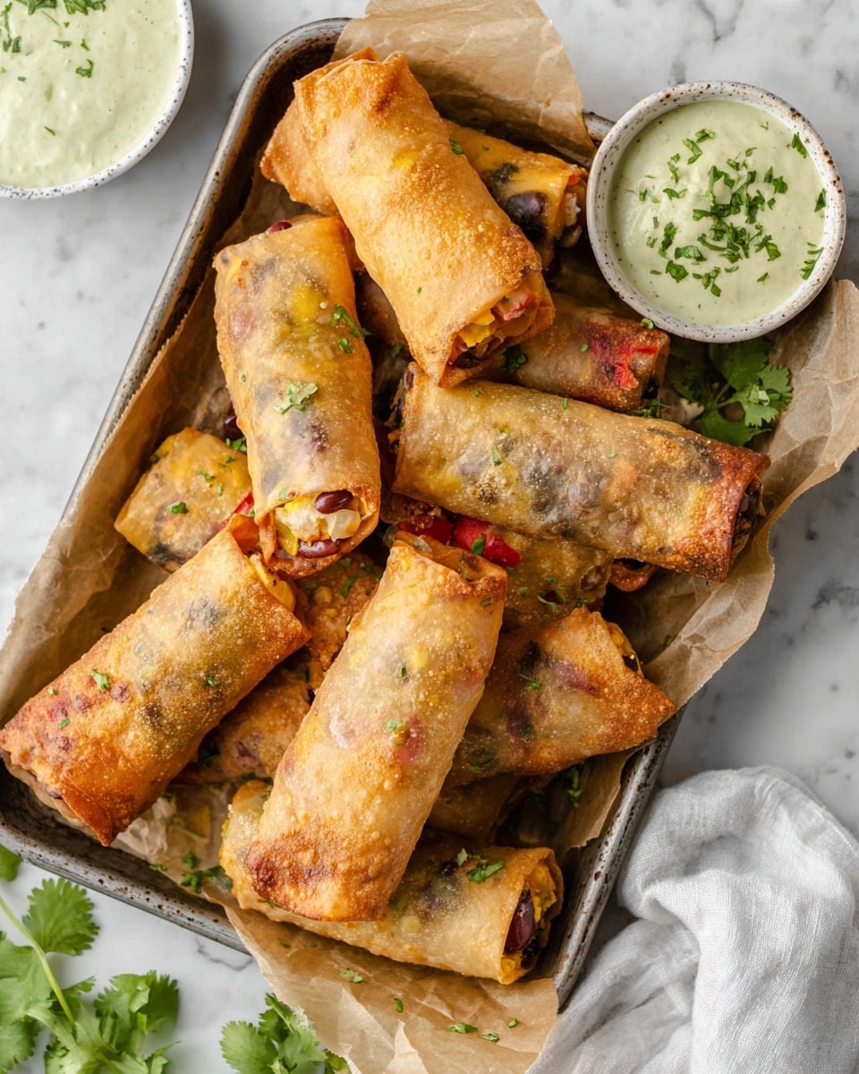 The image shows a metal tray lined with brown parchment paper holding several golden-brown, crispy spring rolls. Each spring roll is tightly wrapped with a slightly bubbled, crunchy outside and sprinkled with small pieces of green herbs. Inside the translucent wrappers, you can see a mix of colorful ingredients including red, yellow, and dark bits, likely vegetables and beans. Around the tray, fresh green cilantro leaves are scattered, and there is a small white bowl with creamy, light green dip garnished with chopped herbs placed on a white marbled surface beside the tray. A soft white cloth is partially visible in the background. photo taken with an iphone --ar 4:5 --v 7