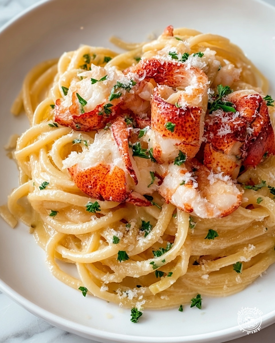 A white plate holds a creamy pasta dish with thick spaghetti noodles coated in a smooth, light yellow sauce. On top are several pieces of lobster meat, showing a bright red shell and soft white flesh, some pieces showing claws. The dish is sprinkled with finely grated cheese and chopped green parsley leaves, adding texture and color contrast. The background is a white marbled texture. photo taken with an iphone --ar 4:5 --v 7