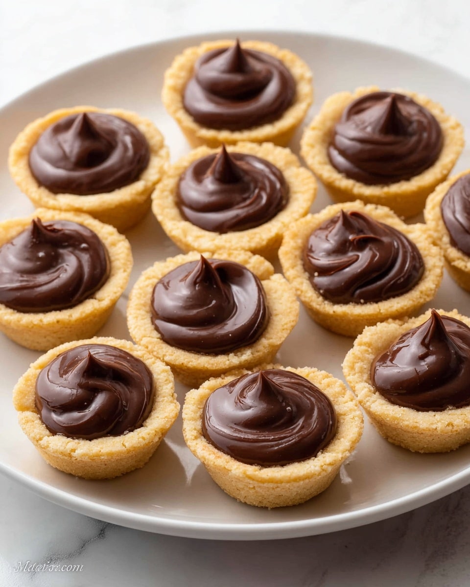 The image shows small dessert cups made of a golden-brown cookie crust that forms a thick base and sides, holding a smooth swirl of dark chocolate filling on top. The swirl has a shiny texture and stands tall in the center of the cups. Around the cups, there are scattered dark chocolate chips, adding contrast to the scene. A white spoon holds creamy peanut butter beside the cups, adding a light brown smooth layer. The whole setup is placed on a white marbled surface that highlights the colors of the dessert. photo taken with an iphone --ar 4:5 --v 7