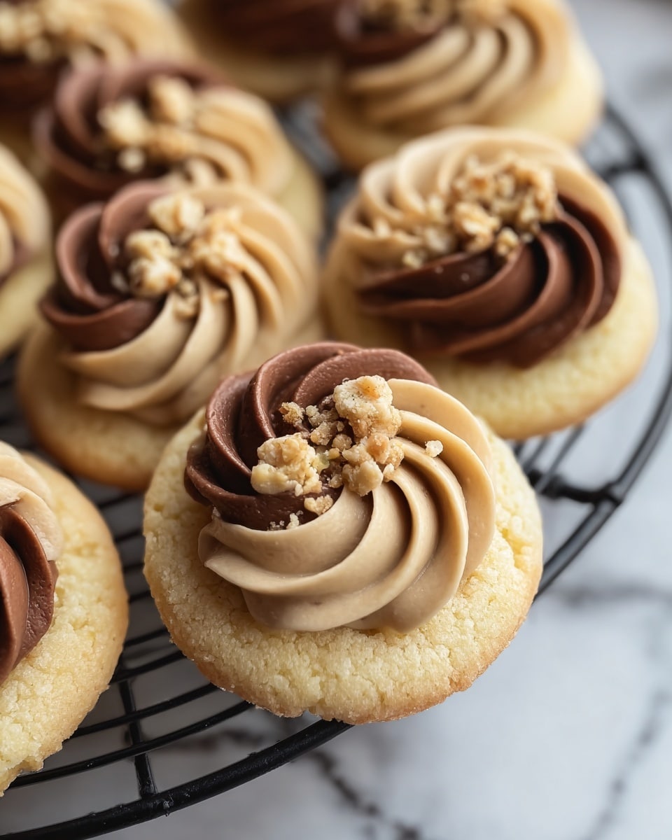 A close-up of a stack of small, round cookies with a pale golden base. Each cookie is topped with two swirled dollops of creamy frosting, one light brown and one dark chocolate brown, side by side, forming a curved shape. In the center of each frosting swirl, there are small pieces of crushed nuts adding texture. The cookies are placed on a black wire rack over a white marbled surface, and the background is softly blurred to bring focus to the detailed texture of the cookies and frosting. photo taken with an iphone --ar 4:5 --v 7