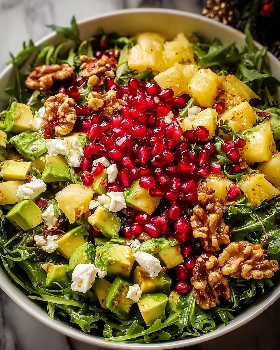 A bowl filled with three main layers: at the bottom is a bed of fresh, dark green arugula leaves with a slightly curly texture; on top of that are chunks of light green avocado and pale yellow pineapple pieces cut into small cubes, scattered evenly; the final layer includes bright red pomegranate seeds and broken pieces of walnuts with a light brown and rough texture, sprinkled all around, with small bits of white cheese spread between the top ingredients. The bowl is white, placed on a white marbled surface with a soft light highlighting the colors and textures. Photo taken with an iphone --ar 4:5 --v 7