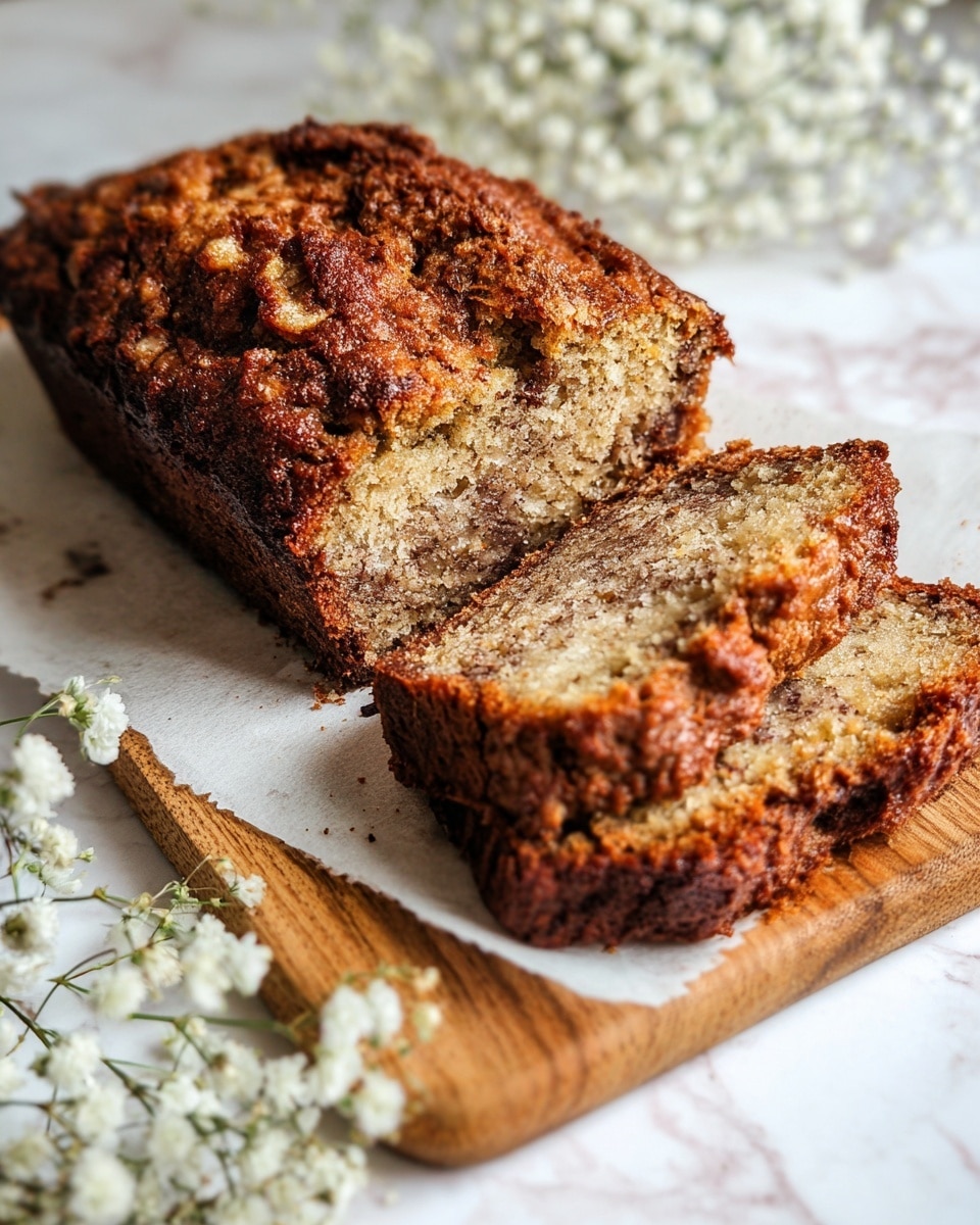 A loaf of banana bread sits on a wooden board lined with white parchment paper on a white marbled surface. The bread has a rough, cracked brown crust with a dusting of sugar on top. Two thick slices are cut and placed in front of the loaf, showing a moist, speckled yellow-brown interior with small bits of banana and nuts throughout. Surrounding the board are delicate white baby's breath flowers, and a plain white plate is partially visible to the side. photo taken with an iphone --ar 4:5 --v 7