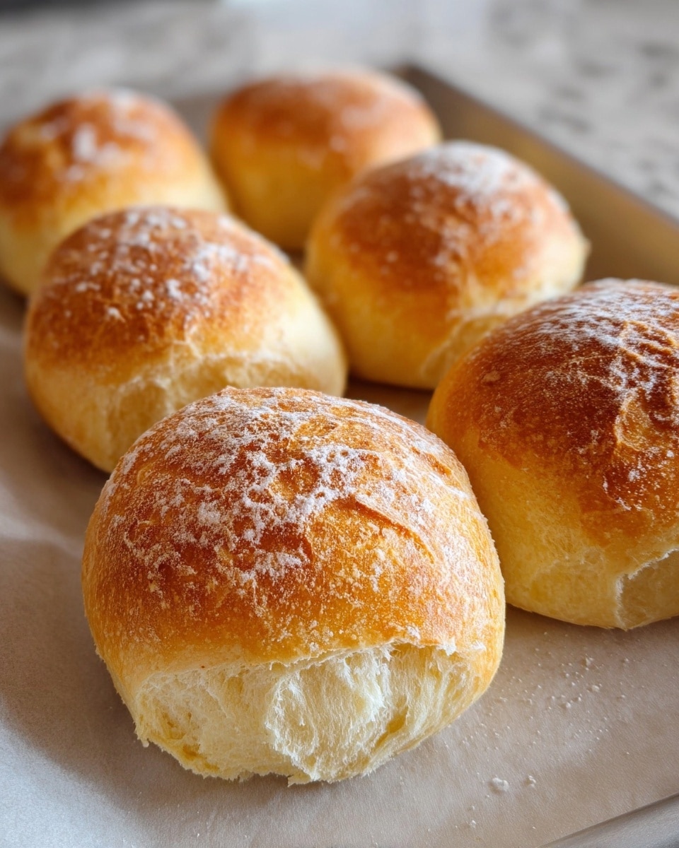 Seven round bread rolls are placed closely on a white plate, each with a golden brown crust lightly dusted with white flour. The surface of the rolls shows slight cracking and a fluffy, soft texture inside, with the rolls arranged diagonally from front right to back left. The background features a white marbled texture, and soft natural light highlights the warm color and texture of the bread. photo taken with an iphone --ar 4:5 --v 7