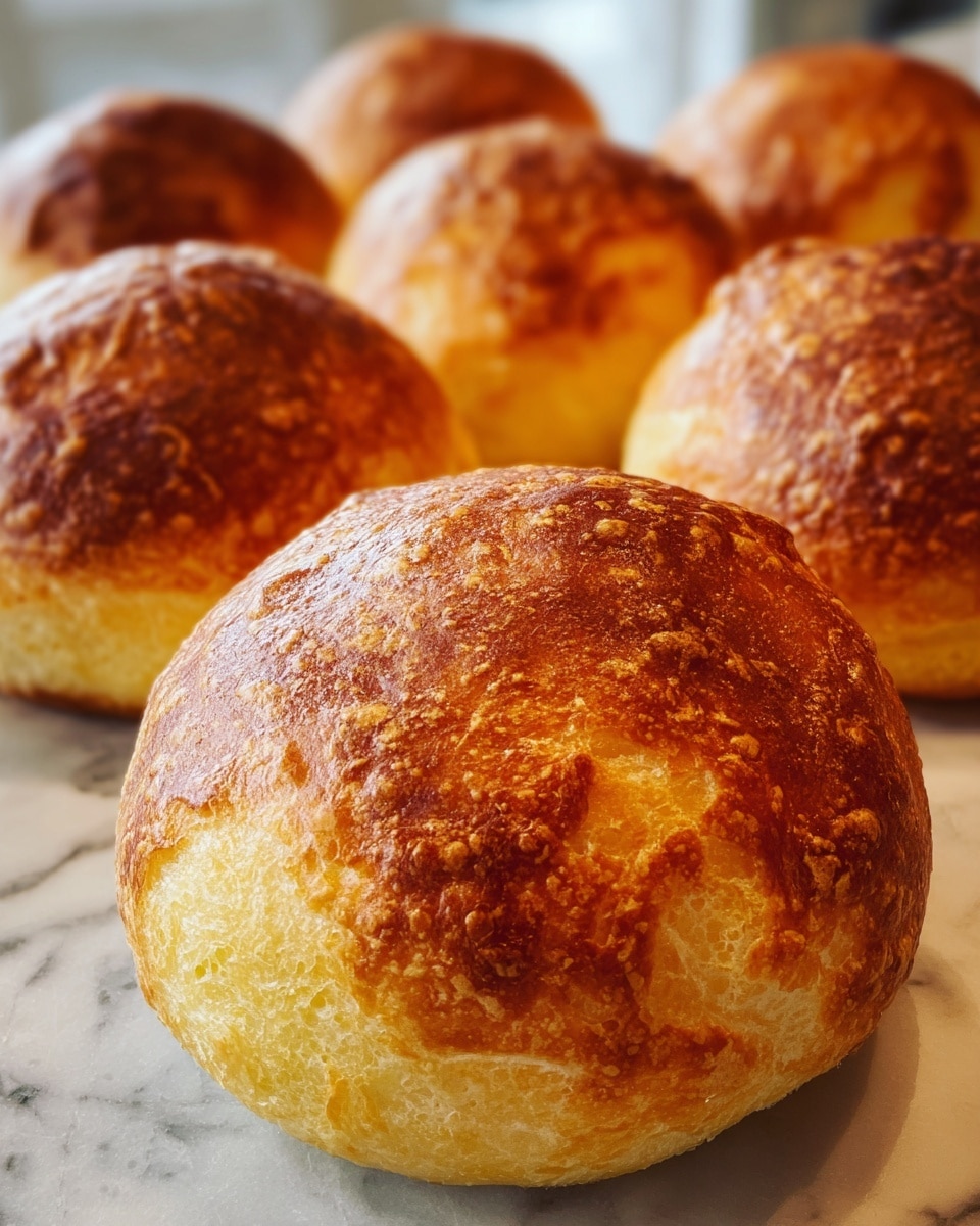 A close-up view of several golden-brown bread rolls arranged closely on a white marbled surface, each roll having a round shape with a slightly shiny, crispy crust and a soft, textured inside visible on the edges; the rolls are grouped in a slightly scattered cluster with the front roll being the largest and most detailed, showing a smooth, yet cracked, surface texture. photo taken with an iphone --ar 4:5 --v 7
