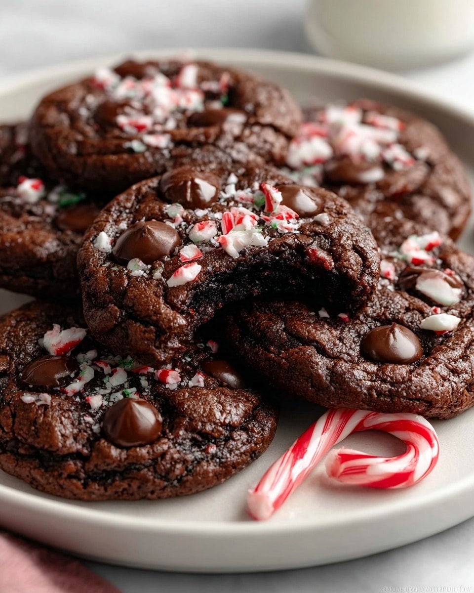 A tray filled with thick, dark chocolate cookies topped with chunks of white and red crushed peppermint candies and scattered dark chocolate chips; the cookies have a slightly shiny, moist texture and are stacked in a white rectangular tray with speckled brown edges. One cookie near the top left has a bite taken out, showing a dense, fudgy inside with bits of peppermint. Around the tray, there are scattered pieces of crushed peppermint and chocolate chips, along with a wooden bowl filled with more crushed peppermint on a white marbled surface, with a red and white striped candy cane positioned near the bottom right. A soft beige cloth lies partially beneath the tray photo taken with an iphone --ar 4:5 --v 7