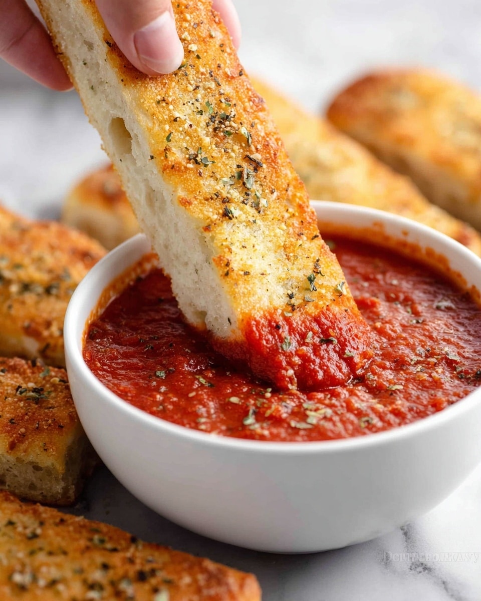 A close-up image shows a woman's hand dipping a golden brown breadstick into a small white bowl filled with thick, bright red marinara sauce. The breadstick has a slightly crispy crust topped with coarse garlic seasoning and herbs, with a soft white inside visible from the side. Around the bowl on a white marbled surface are additional breadsticks, also golden and seasoned on top, with a soft texture inside. Small crumbs and bits of seasoning are scattered lightly on the surface. Photo taken with an iphone --ar 4:5 --v 7