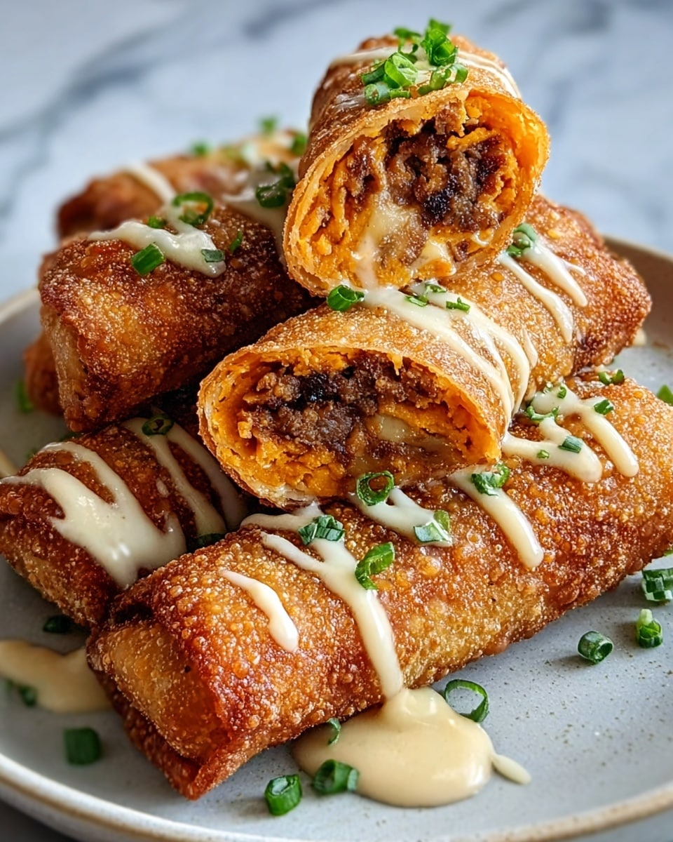 The image shows five golden brown crispy spring rolls stacked on a white plate, set on a white marbled surface. Two spring rolls are cut open at the front, revealing a rich, crumbly orange filling mixed with small bits of brown, likely meat or beans, while the other three are whole with a smooth exterior. Some rolls have a light drizzle of creamy sauce on top, and chopped green onions are sprinkled over all the rolls and plate, adding a fresh green contrast. Photo taken with an iphone --ar 4:5 --v 7