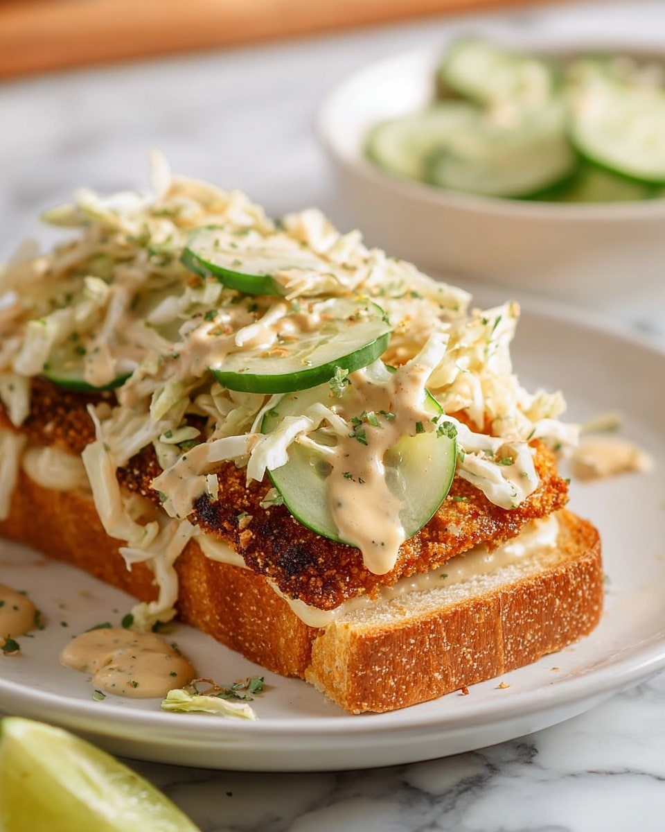 The image shows an open sandwich on a white plate with a white marbled surface underneath. The sandwich has three clear layers: the bottom layer is a toasted bread slice with a crispy, dark golden-brown, breaded chicken fillet placed on top; the middle layer is made of thin, light green cucumber slices and shredded white cabbage; the top layer consists of a creamy, light tan sauce with green herbs drizzled over the vegetables and chicken. In the background, there is a white bowl with more cucumber slices and cabbage. A wedge of lime is partially visible at the bottom edge of the plate. Photo taken with an iphone --ar 4:5 --v 7