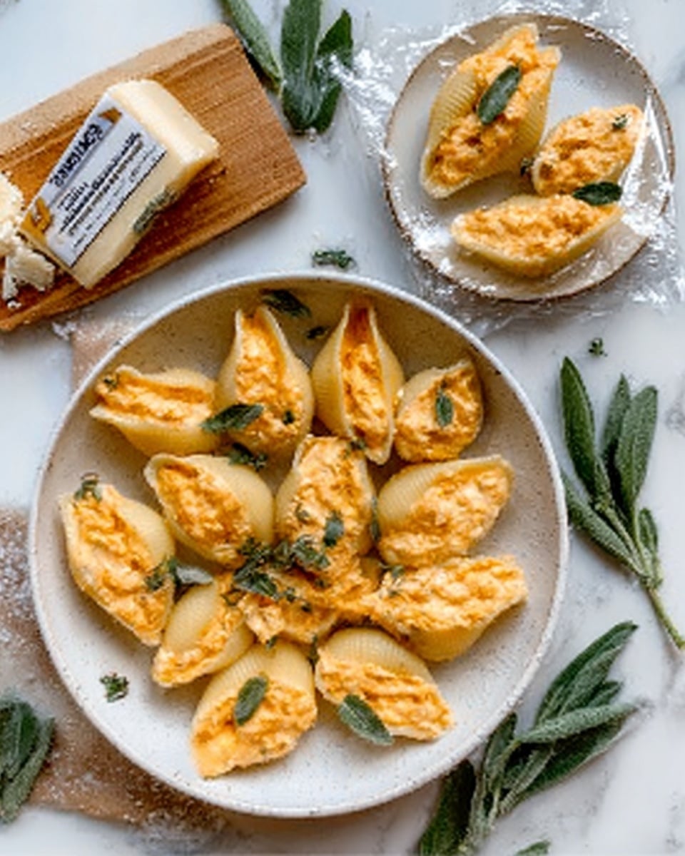 The image shows a white round plate with several stuffed pasta shells arranged in a circle. Each pasta shell is golden yellow with a soft texture and filled with a creamy mixture that looks light orange and slightly fluffy. Small green leaves are placed on top of some shells as garnish. Next to the plate, there is a smaller white plate with three stuffed shells and similar decoration. The background is a white marbled surface with a wooden board partly visible under the plate. Two wedges of cheese wrapped in plastic are also placed near the plates, along with some scattered green leaves. Photo taken with an iphone --ar 4:5 --v 7