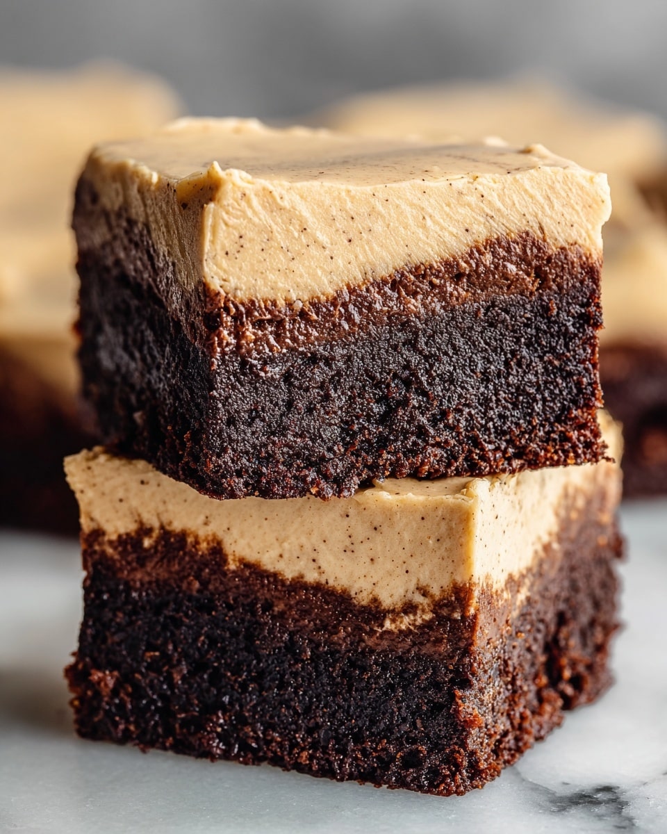 The image shows two square brownies stacked on top of each other on a white marbled surface. Each brownie has two layers: the bottom layer is thick, dark brown, and looks moist with a crumbly texture, while the top layer is creamy and smooth with a light tan color that has subtle specks throughout. The edges of the brownies are sharp and clean, and the top layer has a slightly uneven surface, giving a homemade look. Photo taken with an iphone --ar 4:5 --v 7