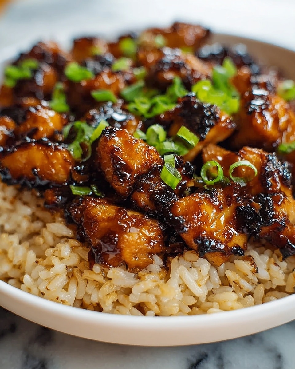 The image shows a close-up of a dish with two layers in a white bowl. The bottom layer is a bed of cooked rice, light brown and slightly sticky with some shiny grains. On top, there are pieces of glazed chicken, caramelized to a golden brown with darker charred spots, coated in a shiny, thick, dark brown sauce. Small bits of chopped green onions are sprinkled on the chicken, adding bright green color and a fresh touch. The photo is clear and focuses tightly on the food, set on a white marbled surface. photo taken with an iphone --ar 4:5 --v 7