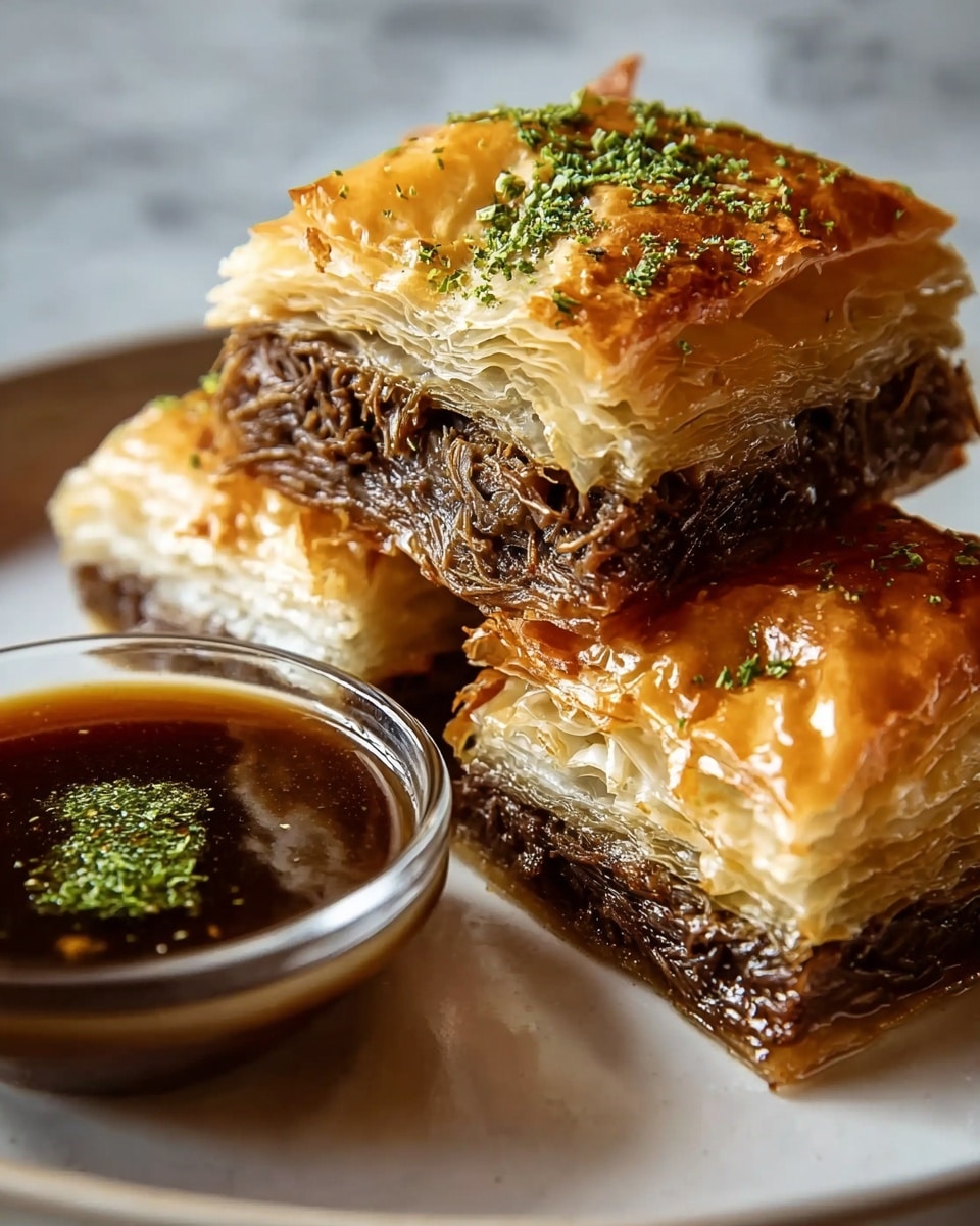 The image shows two pieces of layered pastry stacked on a white plate, each pastry having three main layers: the top layer is golden brown, flaky, and crisp with green herb sprinkles; the middle layer is dark brown and moist, appearing shredded or pulled; the bottom layer mirrors the top, light golden and flaky. Next to the pastries is a small clear bowl filled with a thick, shiny, dark brown sauce with a hint of green garnish floating on top. The pastries and bowl sit on a white marbled texture surface. Photo taken with an iphone --ar 4:5 --v 7