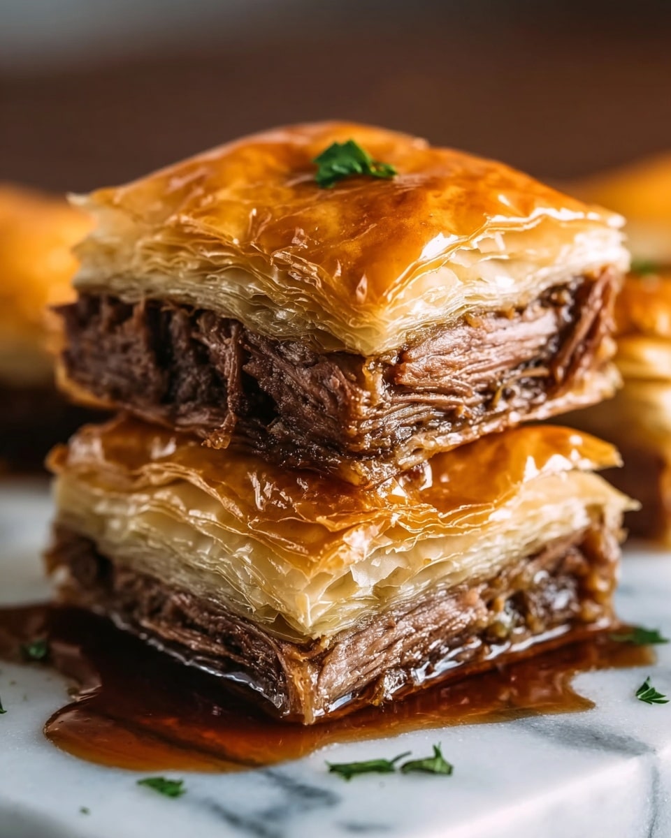 Three square pieces of layered meat pie are stacked on a white marbled surface. Each piece has three layers: a top layer of glossy, golden-brown flaky pastry with a small green herb garnish, a thick middle layer of tender, shredded brown meat with a juicy texture, and a bottom layer of flaky pastry similar to the top. The meat looks moist and rich, and there is dark brown sauce around the base. The background is blurry, focusing on the sharp texture and color contrast of the pie pieces. photo taken with an iphone --ar 4:5 --v 7