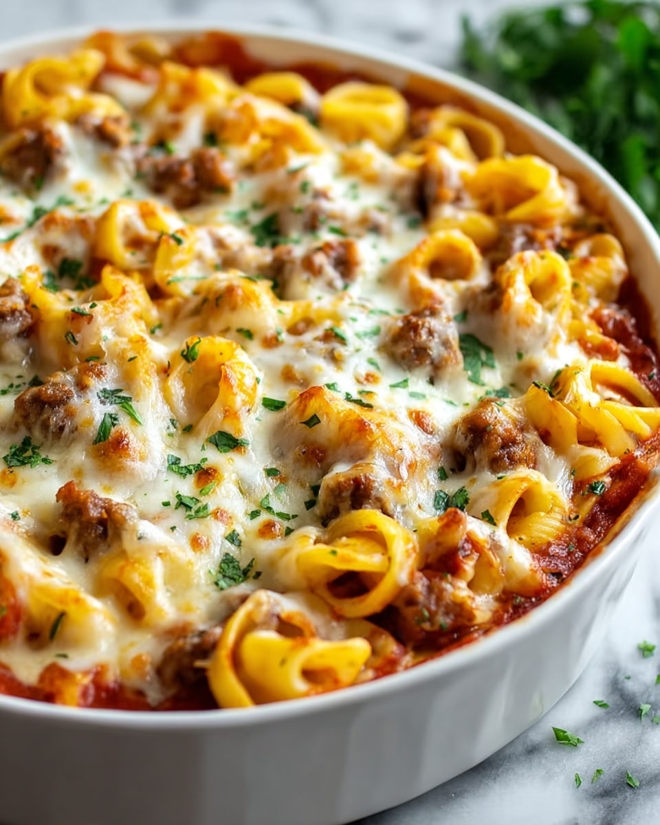 The dish is a baked pasta in a white round dish. The first layer is a rich red tomato sauce at the bottom, covered with a layer of tender yellow pasta shapes. The pasta is topped with small chunks of brown cooked meat scattered evenly. Above this, there is a golden melted cheese layer, lightly browned in spots to show it is cooked, with fresh green herb bits sprinkled all over. The edges show some bubbling cheese and sauce coming together. The dish sits on a white marbled surface with some green herbs scattered around in the background. photo taken with an iphone --ar 4:5 --v 7