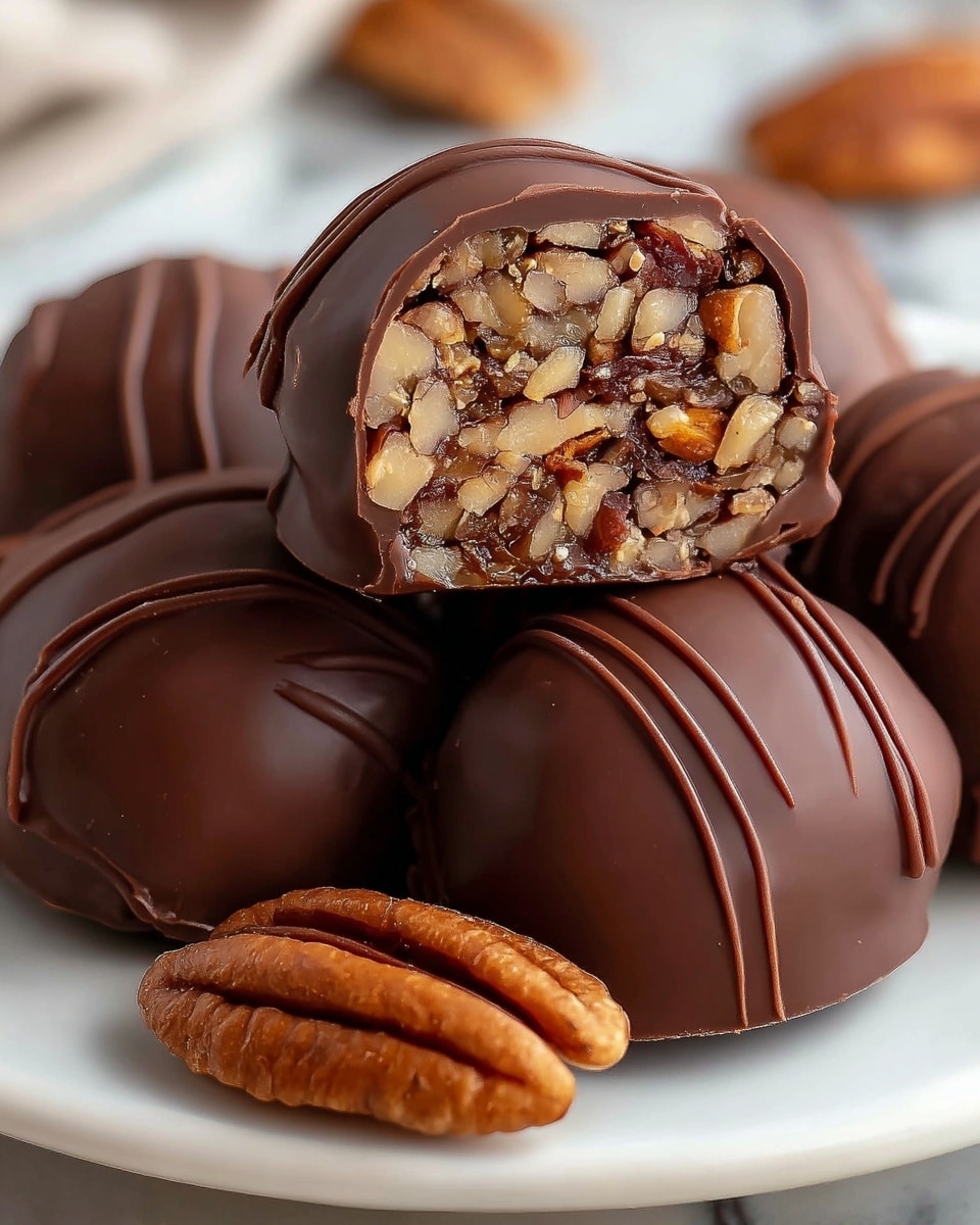 A close-up view of a stack of round chocolate-covered nut clusters on a white plate, with one cluster cut in half to show its inside. The clusters have a smooth dark brown chocolate outer layer with fine, glossy lines running across the surface. Inside, the cut halves reveal a thick, textured filling made of small pieces of pecans in different shades of tan and light brown, tightly packed together. A whole pecan is placed next to the clusters on the plate. The background has a soft, white marbled texture. photo taken with an iphone --ar 4:5 --v 7