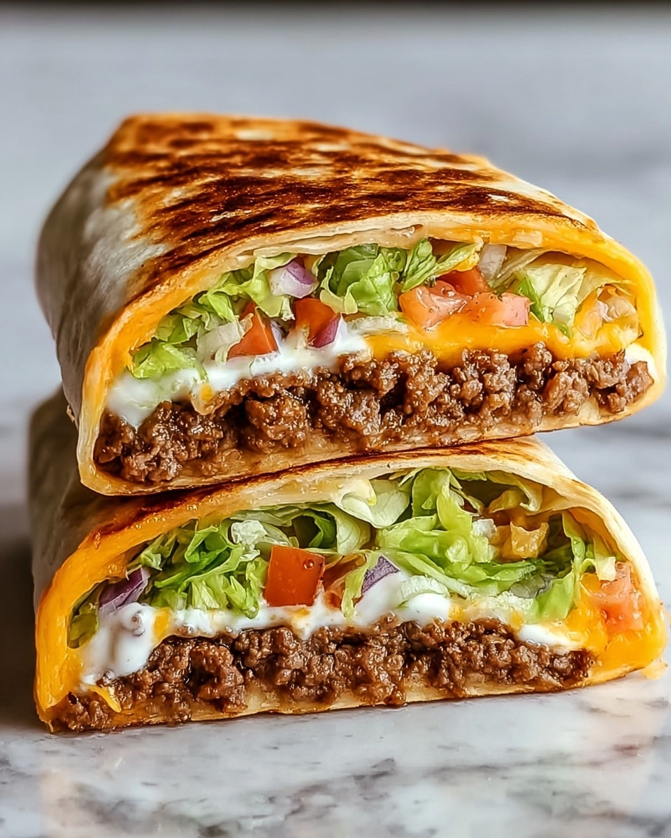 Three folded golden-brown quesadilla slices are stacked on a white marbled surface, showing inside layers of cooked ground beef in dark brown, melted cheddar cheese in bright orange, fresh lettuce in light green, creamy white sauce, and tomatoes in red. The quesadilla edges are crisp and toasted, while the layers inside are rich and colorful with a mix of textures from crunchy to soft. photo taken with an iphone --ar 4:5 --v 7
