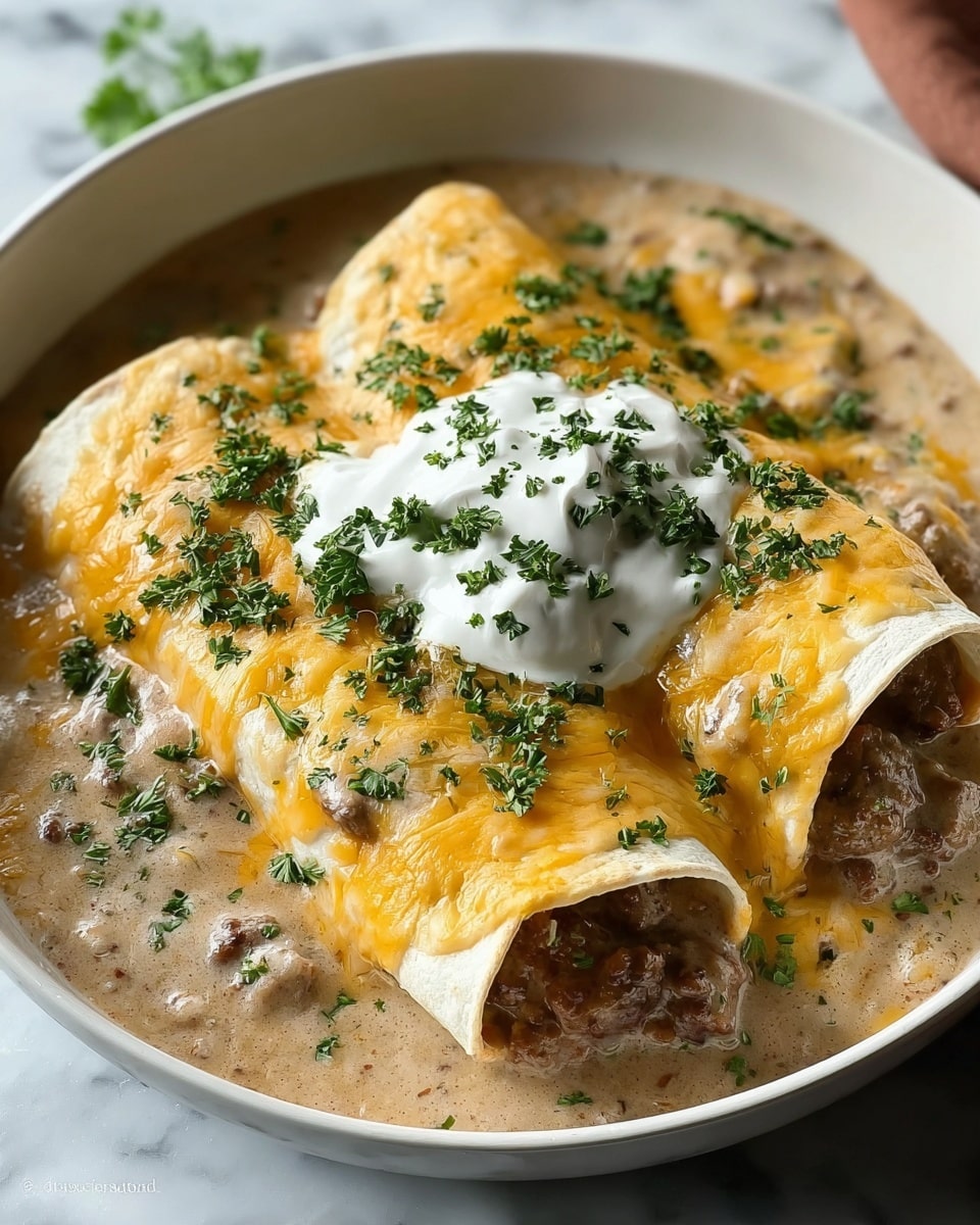 Two rolled tortillas filled and placed side by side in a shallow white bowl are covered with a layer of melted yellow cheddar cheese, sprinkled with chopped green parsley. A generous dollop of white sour cream topped with more parsley sits on top in the center. The dish is surrounded by a thick, creamy light brown sausage gravy with visible sausage chunks. The bowl rests on a white marbled surface. Photo taken with an iphone --ar 4:5 --v 7