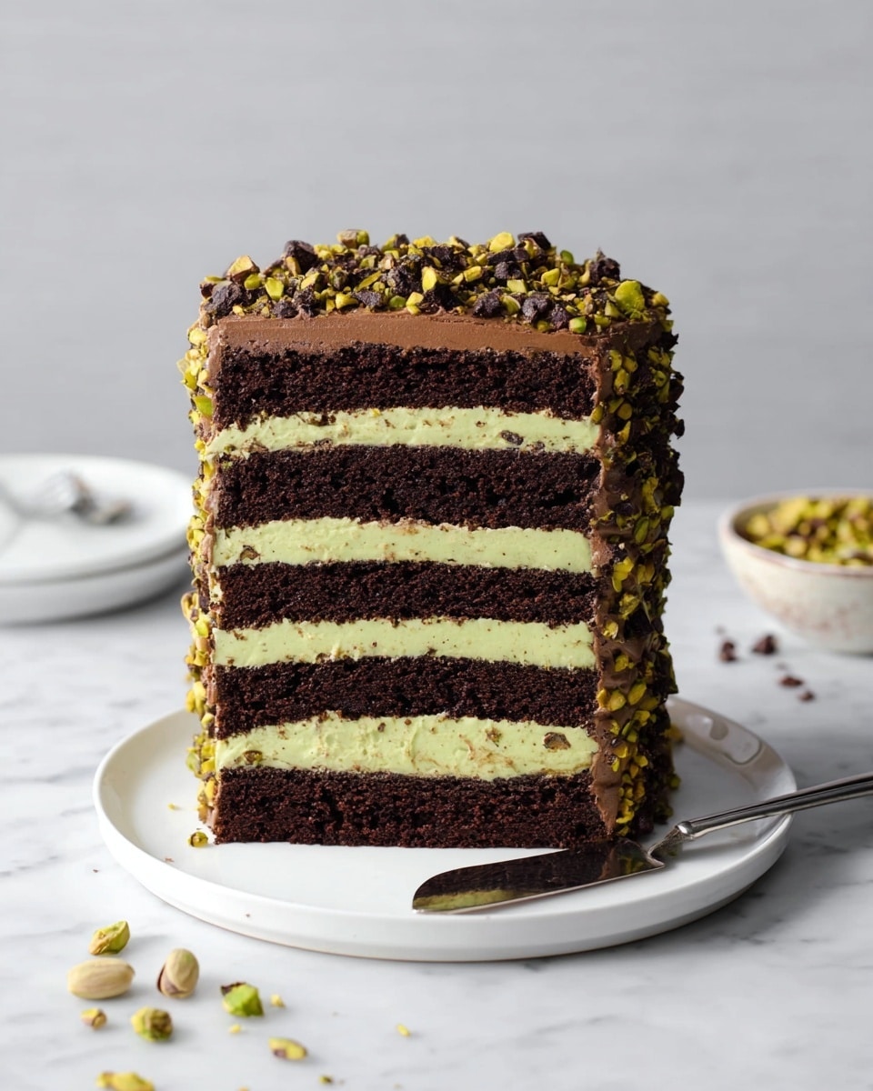 A tall, three-layer chocolate cake stands on a white plate over a white marbled surface. Each layer is made of dark, rich chocolate cake, separated by creamy pale yellow and light brown fillings. The top layer is light yellow cream covered generously with crunchy, dark chocolate cookie crumbs and chunks of green and brown nuts, scattered unevenly. The sides show the alternating layers clearly, with rough chocolate cake and smooth creamy fillings. A silver cake server lies next to the plate. Photo taken with an iphone --ar 4:5 --v 7