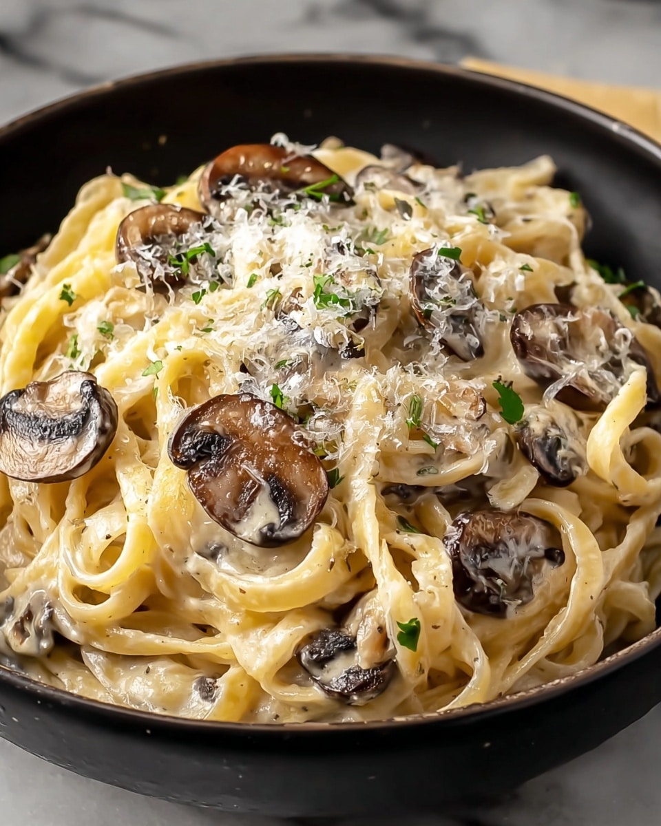 A white bowl filled with a creamy pasta dish featuring two layers: the bottom layer is made of yellow fettuccine noodles covered in a smooth, light cream sauce, and the top layer includes browned, sautéed mushroom slices scattered evenly with small pieces of green herbs and a dusting of grated white cheese, all sitting on a white marbled surface photo taken with an iphone --ar 4:5 --v 7