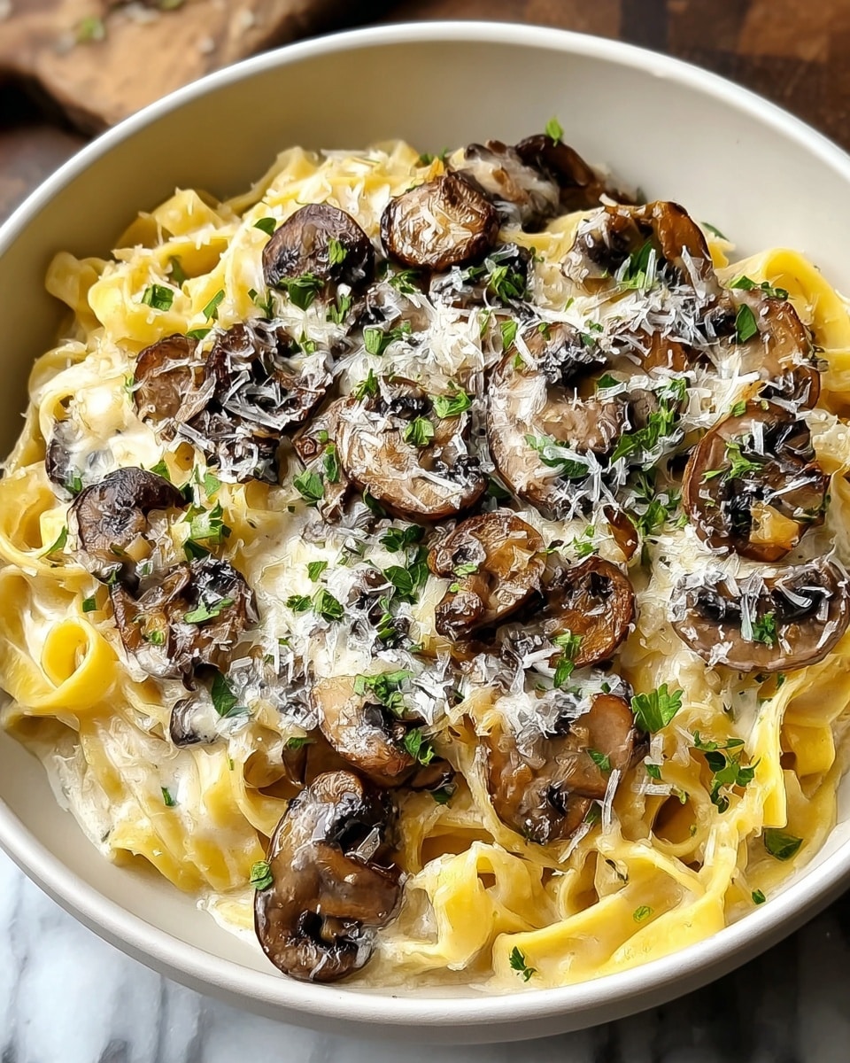 A deep black bowl holds creamy fettuccine pasta coated in a light beige sauce, topped with several browned, sliced mushrooms scattered unevenly across the pasta. There is a light dusting of finely grated white cheese over the top, and small bits of green herbs add a touch of color. The pasta strands are intertwined and have a smooth, glossy texture, while the mushrooms have a slightly wrinkled, cooked appearance. The dish sits on a white marbled surface with soft light emphasizing the creamy texture. Photo taken with an iphone --ar 4:5 --v 7