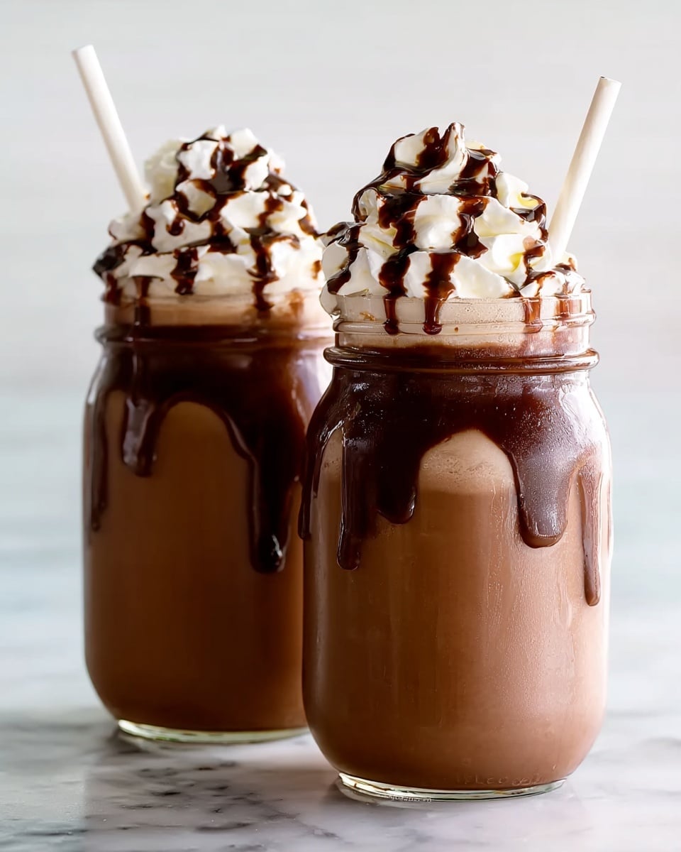A clear glass jar filled with a thick, light brown chocolate milkshake forms the base layer, with a smooth texture showing small bubbles. On top, there is a generous swirl of white whipped cream piled high, creating a soft, fluffy layer. The whipped cream is drizzled with dark brown chocolate syrup that flows down the sides in thin streaks, adding glossy contrast. A white straw sticks out from the whipped cream near the jar's edge. A second jar with the same milkshake and topping is blurred in the background, all set on a white marbled surface. Photo taken with an iphone --ar 4:5 --v 7