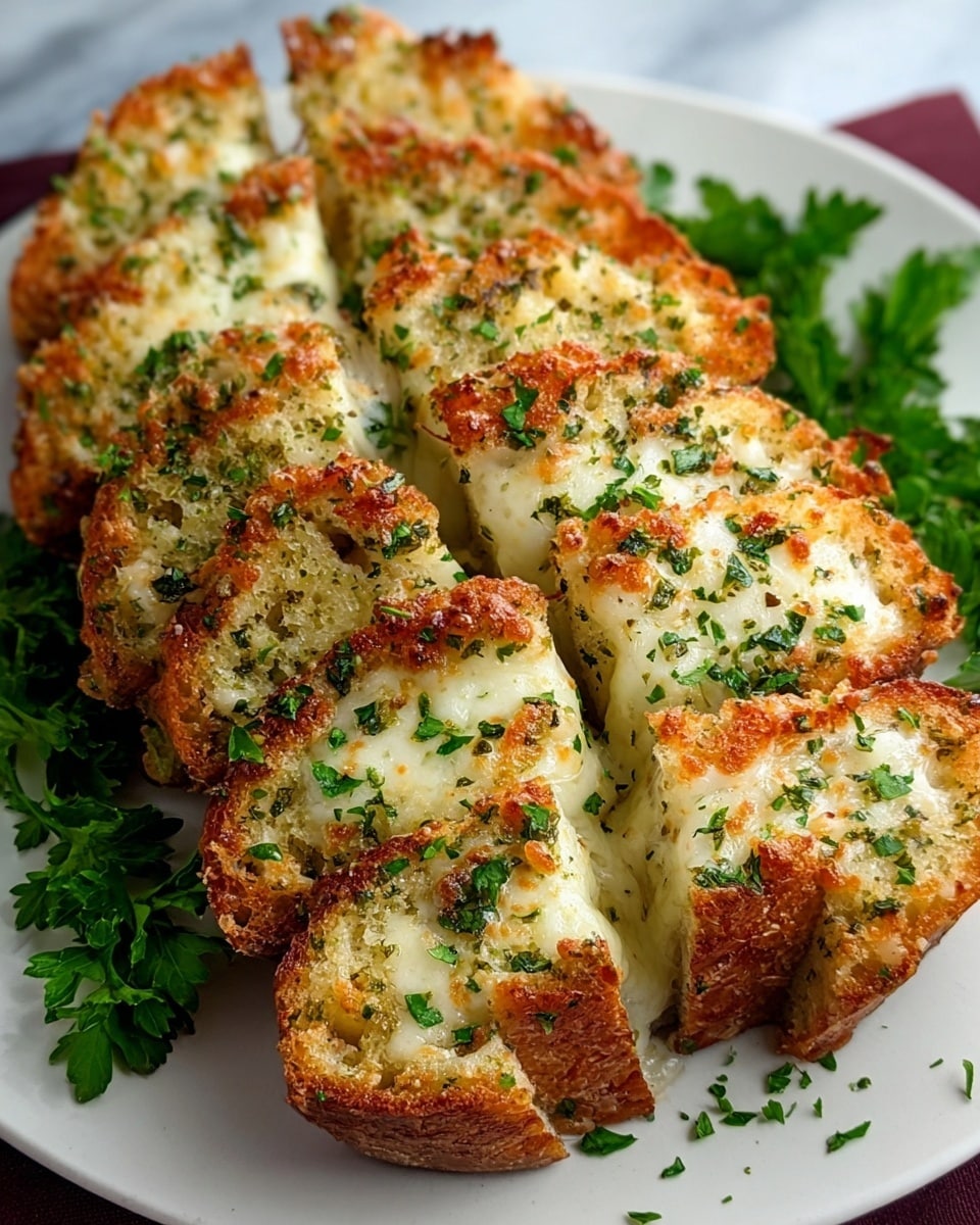 The image shows a close-up of six thick slices of golden-brown garlic bread on a white plate, arranged diagonally. Each slice has a crispy, toasted crust with a mix of light brown and darker, almost burnt spots. Between two layers of bread in each slice, there is a melted white cheese layer that looks creamy and bubbly. The bread is sprinkled with chopped green parsley on top and around the edges for a fresh touch. The plate sits on a white marbled surface with some parsley leaves for decoration. Photo taken with an iphone --ar 4:5 --v 7