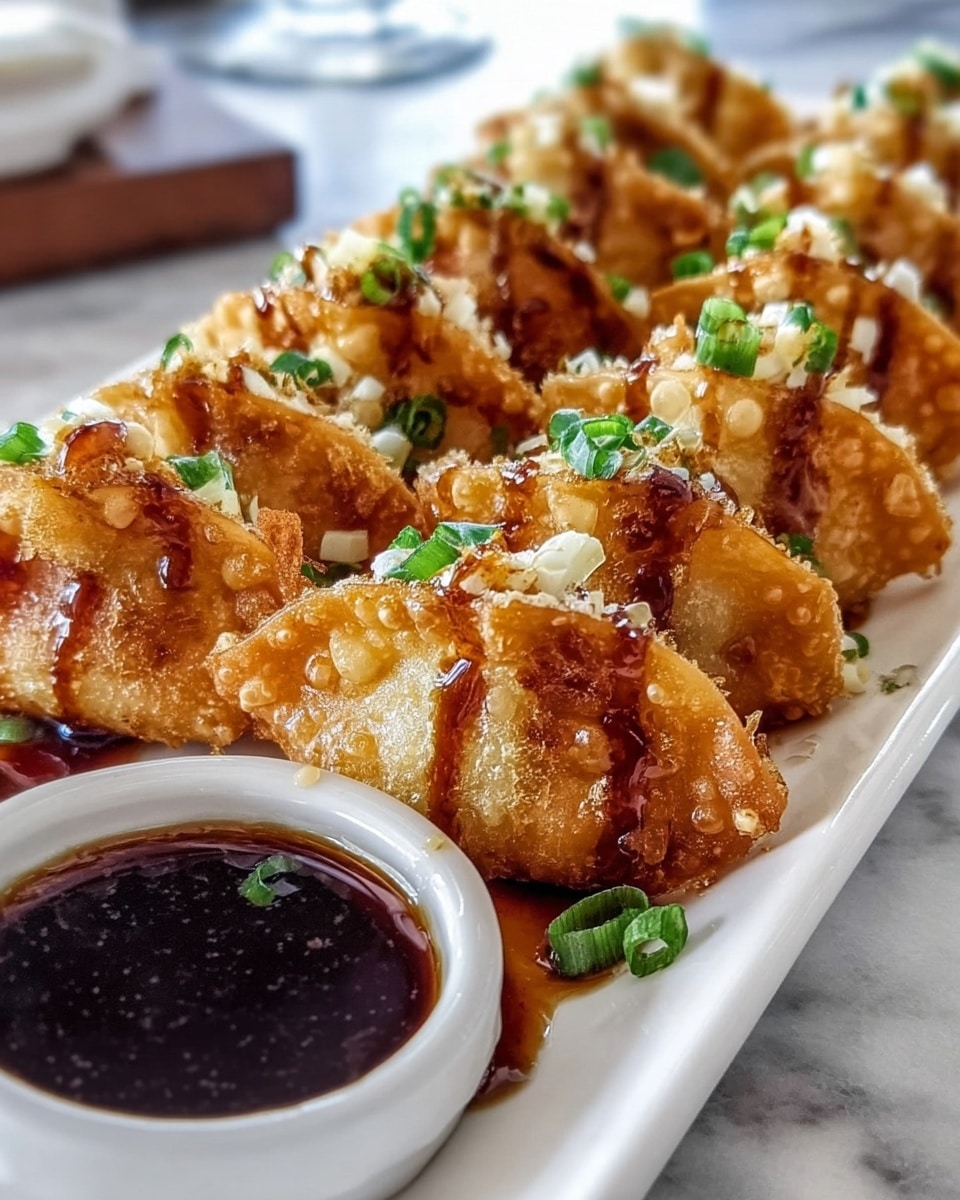 The image shows a row of golden brown, crispy fried dumplings arranged neatly on a white rectangular plate. Each dumpling is filled and topped with a drizzle of shiny dark brown sauce, finely chopped green onions, and small bits of white garnish. The dumplings have a textured, bubbly surface and are standing upright, slightly overlapping each other. A small white bowl filled with extra dark brown sauce is placed at the corner of the plate. The background is a white marbled surface with a blurred setting behind it. photo taken with an iphone --ar 4:5 --v 7