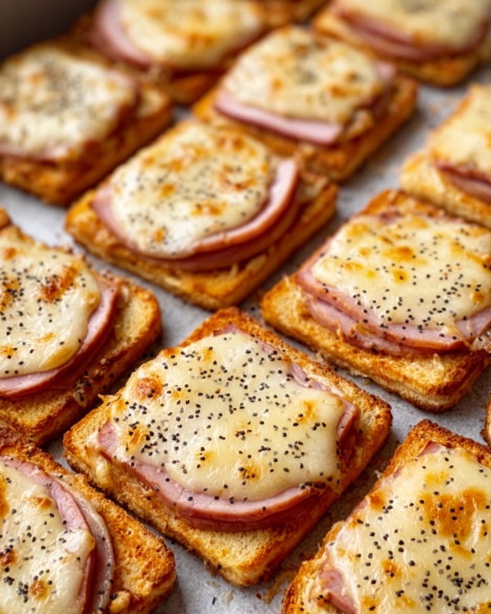 The image shows a close-up view of a tray filled with several square-shaped toasted sandwiches. Each sandwich has three visible layers: the bottom layer is golden-brown toast with a slightly crispy texture, the middle layer is a slice of light pink ham, and the top layer is melted cheese with a bubbly, creamy white surface sprinkled with black poppy seeds. The sandwiches are arranged in rows, slightly touching each other, with a warm, golden lighting that highlights the toasted edges and melted cheese. The background is a white marbled texture. Photo taken with an iphone --ar 4:5 --v 7