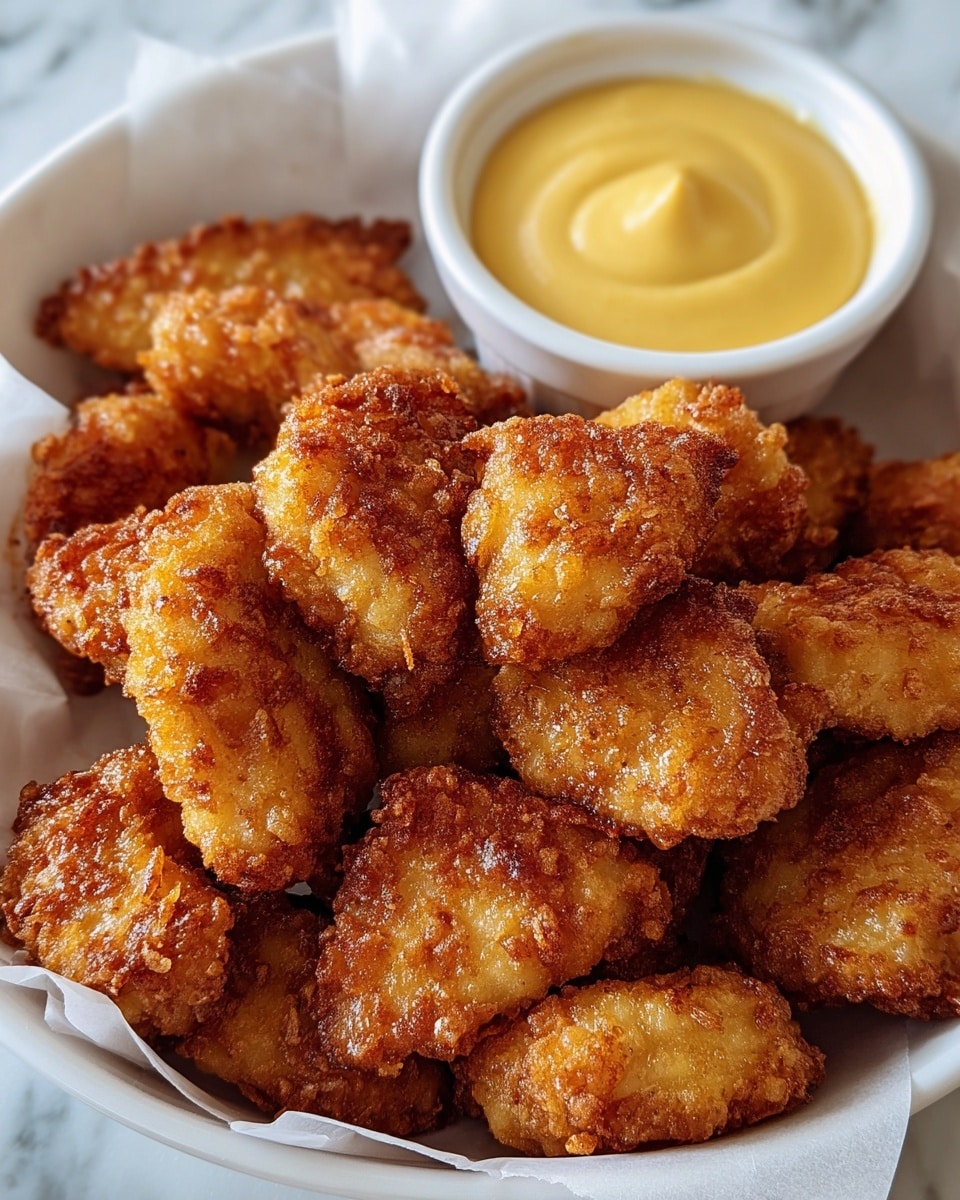 A white bowl is filled with many pieces of golden-brown fried chicken nuggets showing a crispy, textured coating that looks crunchy and slightly uneven. The nuggets are piled high, some overlapping each other, giving a sense of a heaping serving. At the back of the bowl, there is a small white cup filled with smooth, creamy yellow dipping sauce with a slight swirl on the surface. The bowl is lined with white parchment paper, and the whole setup is placed on a white marbled surface. photo taken with an iphone --ar 4:5 --v 7
