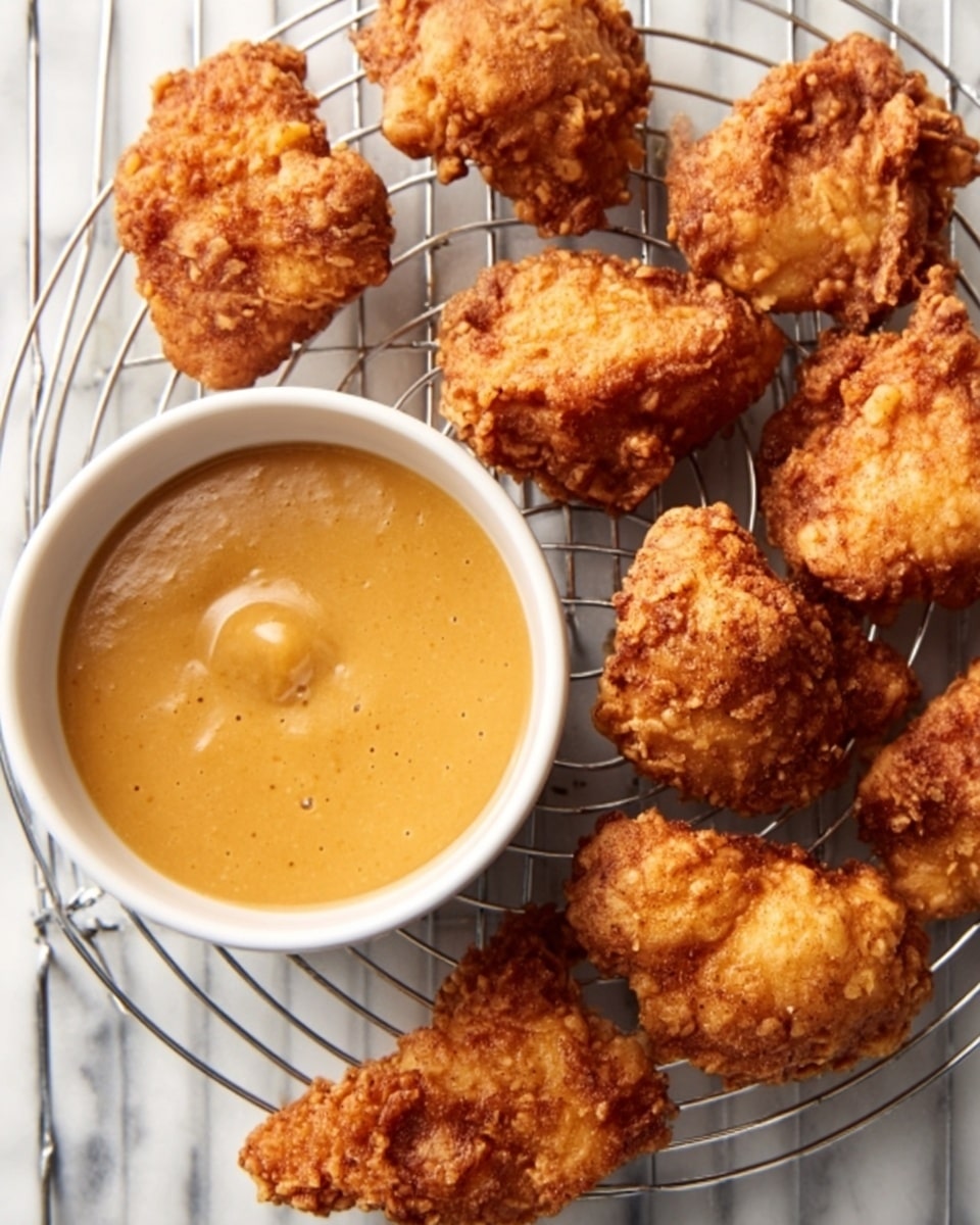 The image shows a white bowl filled with smooth, golden brown sauce on the left side, surrounded by several pieces of crispy fried chicken that are golden brown and textured with a crunchy coating. The chicken pieces are placed on a metal cooling rack, which rests on a white marbled surface. The fried chicken pieces vary in size and shape, appearing juicy inside with a rough, crispy exterior. Photo taken with an iphone --ar 4:5 --v 7