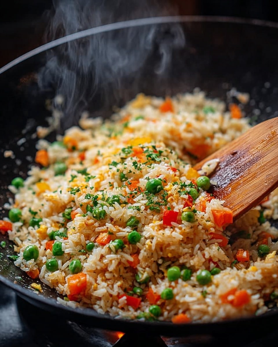 A close-up of steaming fried rice in a black wok with a wooden spatula stirring it from the right side, the rice is mixed with bright green peas, small orange carrot cubes, and bits of red bell pepper, all coated lightly with a glossy, slightly oily texture, with some herbs or seasoning sprinkled on top, against a white marbled background. photo taken with an iphone --ar 4:5 --v 7
