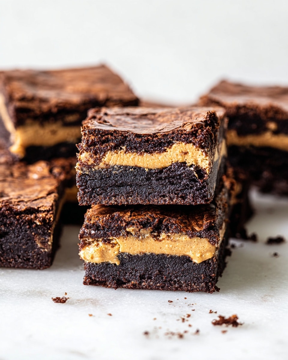 A close-up of six square brownie pieces arranged on a white marbled surface, focusing on two pieces stacked slightly in the front. Each brownie has three layers: a dark, rich, cracked chocolate top layer with a slightly crispy texture; a middle layer of smooth, light brown peanut butter that is thick and creamy; and a denser dark chocolate bottom layer. The peanut butter layer is evenly spread and visible from the sides, contrasting with the deep chocolate tones. The brownies have an inviting, homemade look with some crumbs scattered around. Photo taken with an iphone --ar 4:5 --v 7