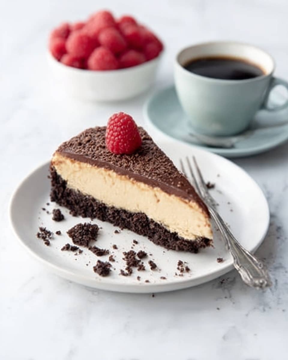 The image shows one slice of chocolate cheesecake on a white round plate. The cheesecake has three layers: a dark brown crumbly base, a thick creamy light beige middle layer, and a smooth thin dark chocolate layer on top. The edge of the top layer is glowing slightly, and some chocolate crumbs are scattered around the slice on the plate. A fresh red raspberry sits on top of the cheesecake near the tip of the slice. Behind the plate with the cheesecake, there is a white bowl filled with fresh red raspberries and a light blue cup with black coffee. A woman's hand holds a silver fork near the cake slice. The background is a white marbled surface. photo taken with an iphone --ar 4:5 --v 7