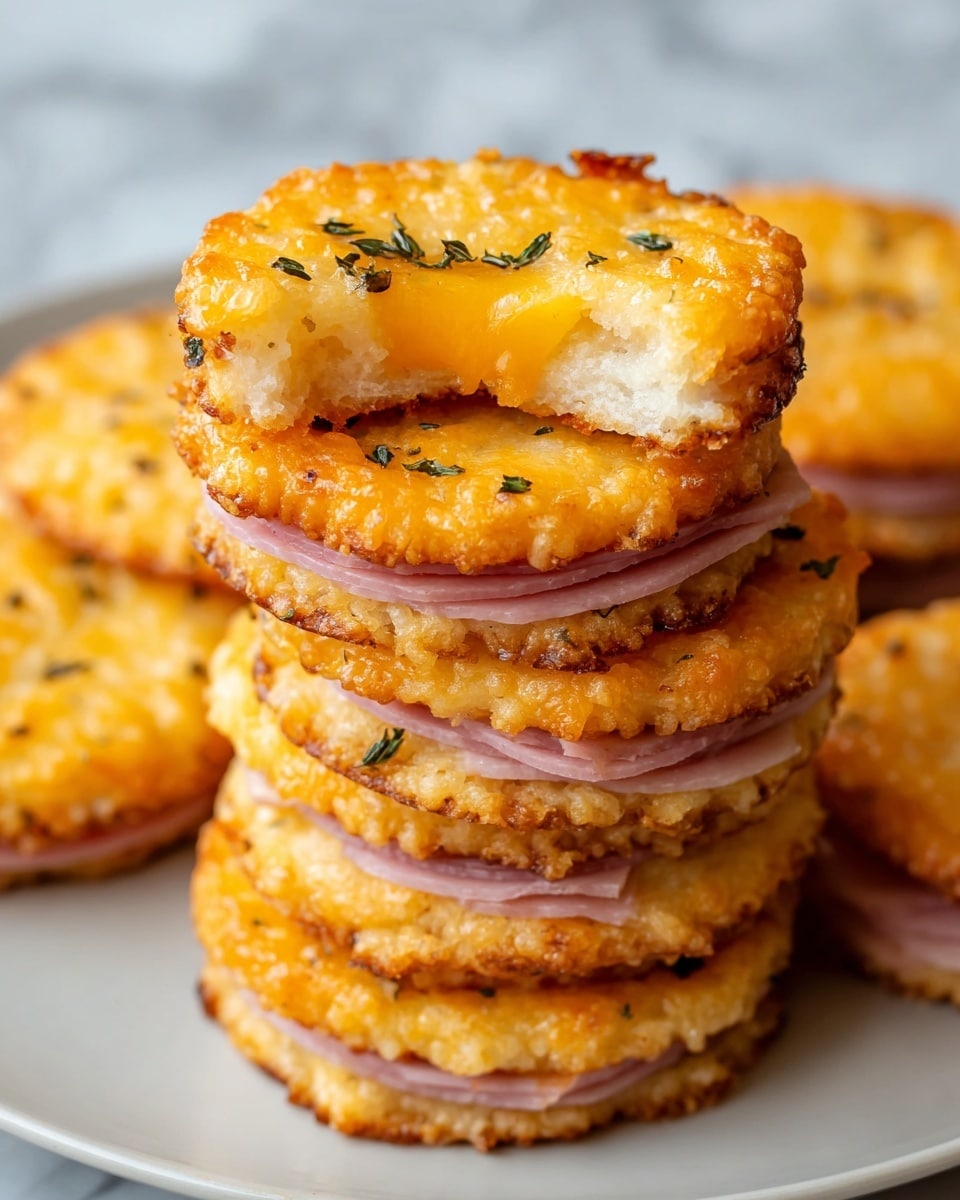 The image shows multiple small round sandwiches stacked with two golden brown crispy layers on top and bottom, each layer sprinkled with black seeds. Between these layers is a thick, smooth, pale yellow filling that looks creamy. The crispy layers appear thin and crunchy with a slightly rough texture, while the creamy filling is soft and shiny. The sandwiches are arranged close together on a white marbled surface, with the focus on the few in the front, making the background sandwiches more blurred. The overall look is warm, crunchy, and creamy. photo taken with an iphone --ar 4:5 --v 7