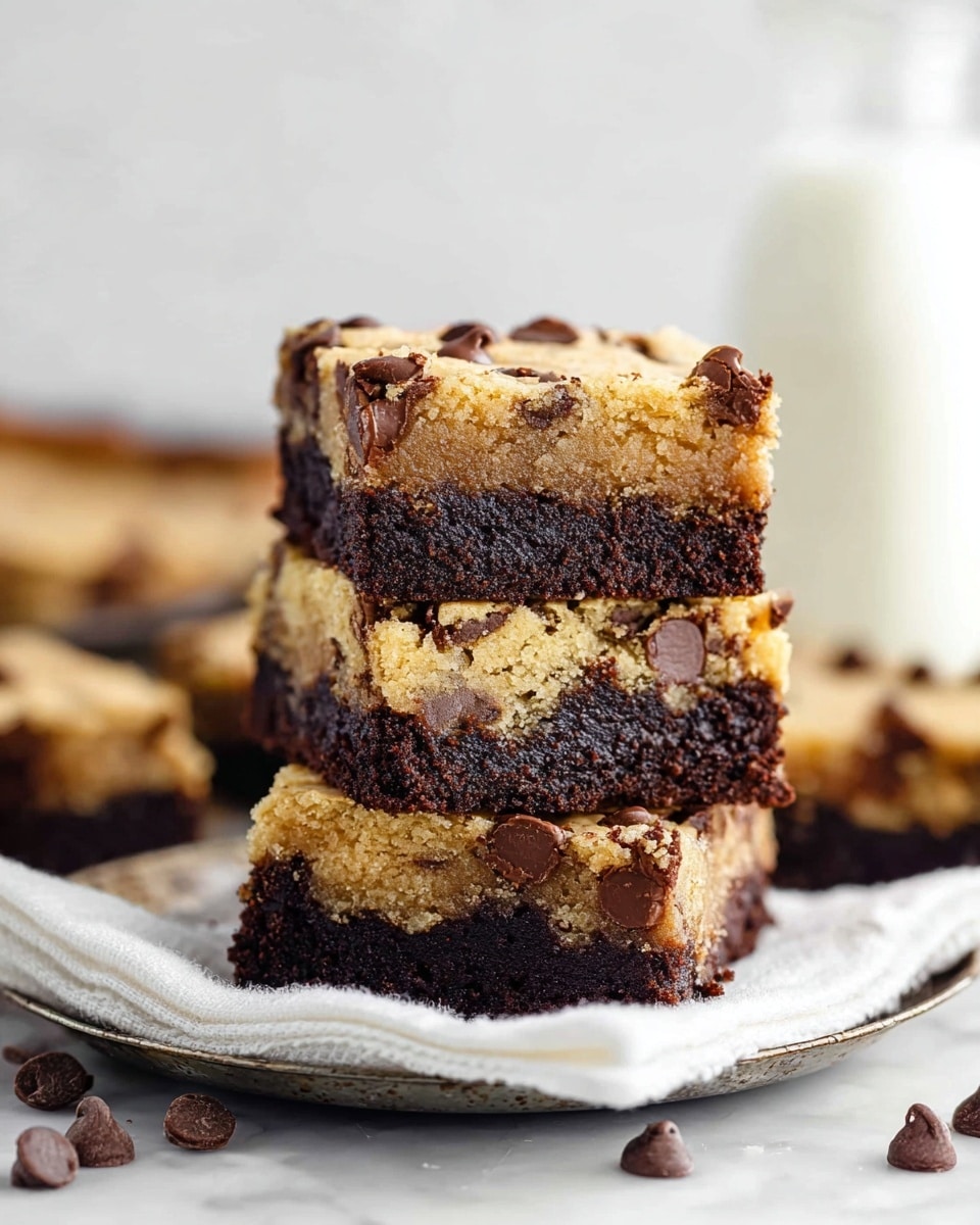 A close-up of a square dessert showing two layers: the bottom layer is thick, dark brown, and fudgy, while the top layer is a light golden cookie dough with visible chocolate chips mixed in, creating a marbled effect on the surface. The edges on the top layer are uneven and crumbly. The dessert squares are stacked on a white plate set on a white marbled texture, with a white fabric napkin visible underneath one piece. Photo taken with an iphone --ar 4:5 --v 7