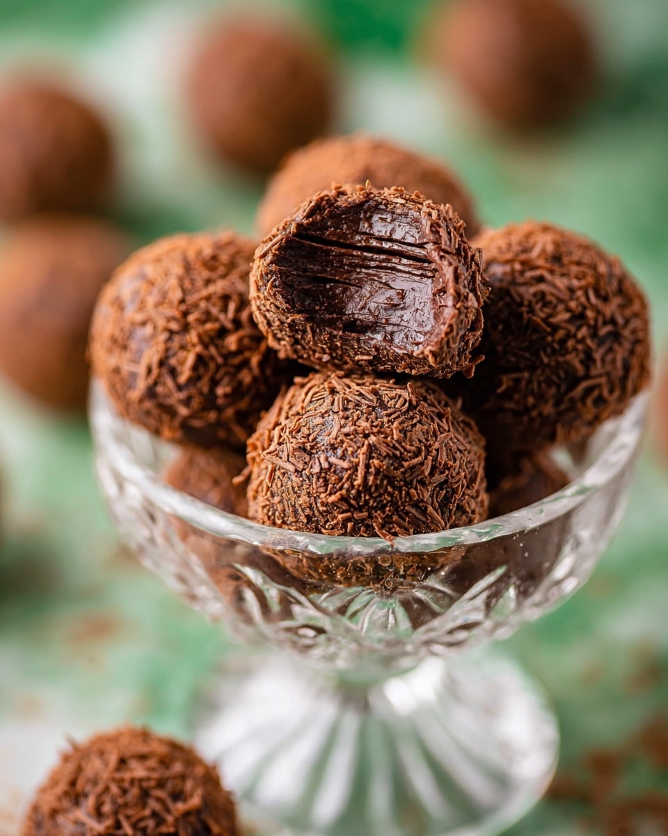 A close-up of a clear glass bowl filled with round chocolate truffles covered in rough chocolate shavings. One truffle at the top is bitten, showing a smooth, creamy dark chocolate center with a slight shine and soft texture inside, while the outer layer is coarse and crumbly from the chocolate flakes. The bowl is set on a white marbled surface with a blurred second bowl of similar truffles in the background, creating depth. photo taken with an iphone --ar 4:5 --v 7