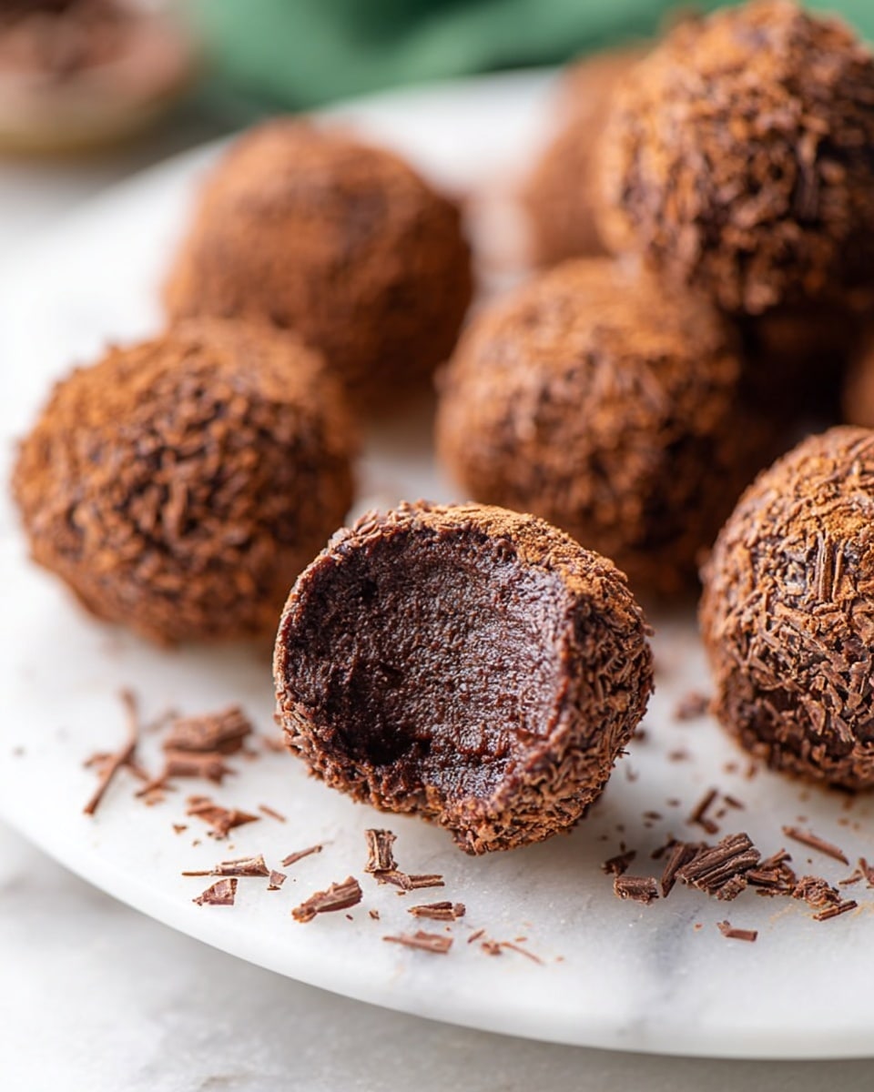 The image shows several round chocolate truffles on a white plate, set against a white marbled surface. Each truffle is coated with small chocolate flakes, giving a rough texture on the outside. One truffle in the foreground has a bite taken, revealing a smooth, rich, dark chocolate inside with visible vertical lines from the bite. The truffles have a deep brown color, and the plate is slightly visible with some scattered chocolate flakes around. Photo taken with an iphone --ar 4:5 --v 7