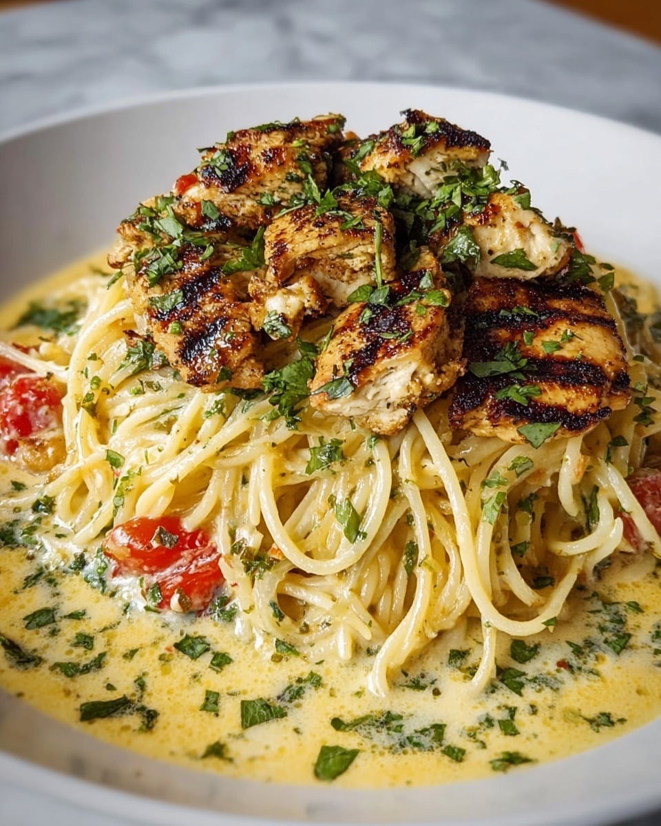 A white plate holds a creamy pasta dish with three main layers. The bottom layer is a pool of smooth, light yellow cream sauce with green herbs mixed in, covering the plate's base. On top of the sauce, there is a nest of golden-yellow spaghetti noodles, coated in the sauce and sprinkled with chopped herbs, creating a slightly shiny and textured middle layer. The top layer consists of thick chunks of grilled chicken with a browned, slightly charred surface and sprinkled with fresh green herbs. There are a few cherry tomato pieces peeking out from the side of the pasta. The whole dish sits on a white marbled surface. photo taken with an iphone --ar 4:5 --v 7
