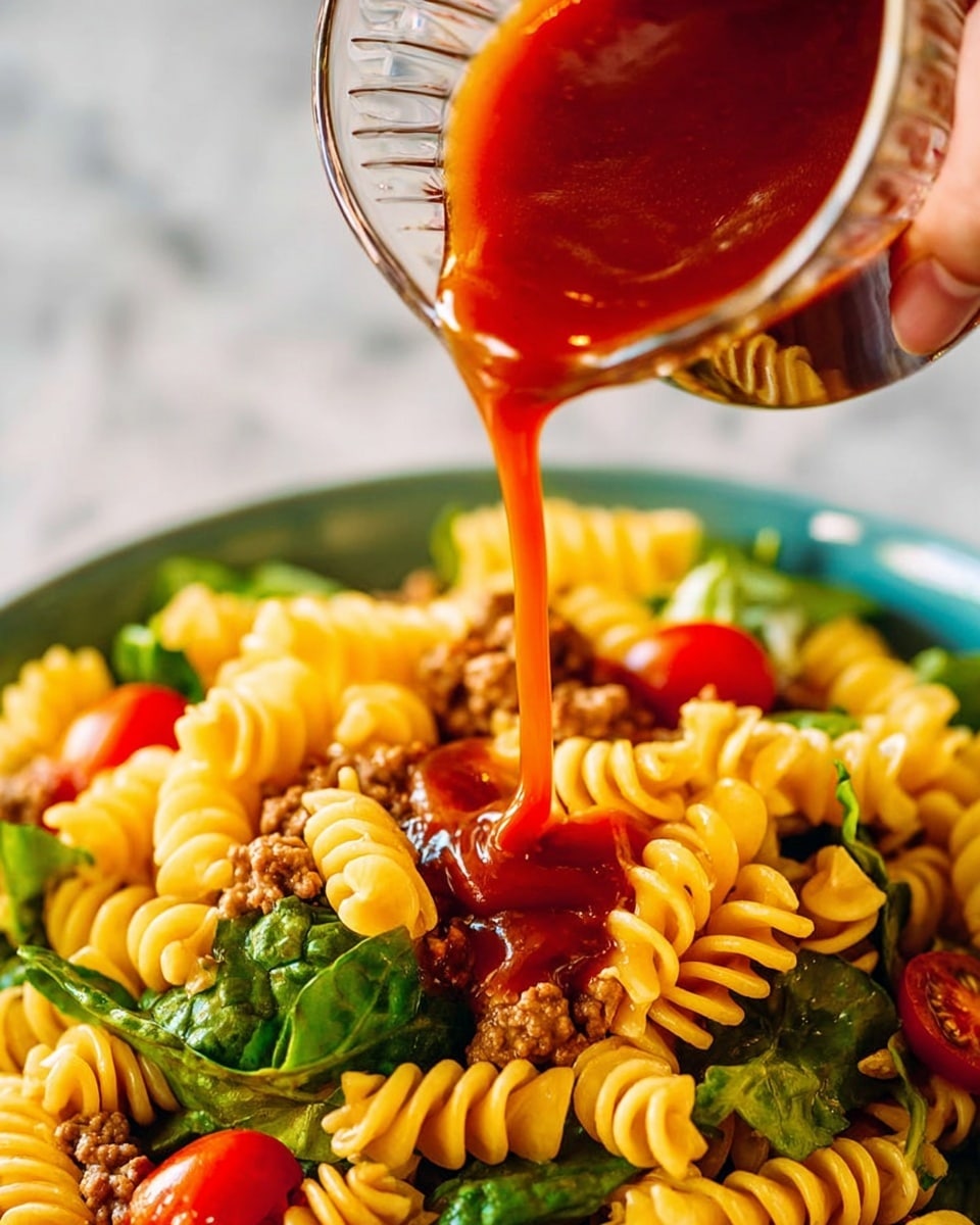 A close-up view of a dish with yellow spiral pasta mixed with small pieces of cooked ground meat, fresh green leafy vegetables, and halved red cherry tomatoes, all topped with a glossy red sauce being poured from a clear glass pitcher held by a woman's hand above the dish. The sauce flows smoothly over the pasta, creating a shiny layer on top. The background is a white marbled texture. photo taken with an iphone --ar 4:5 --v 7