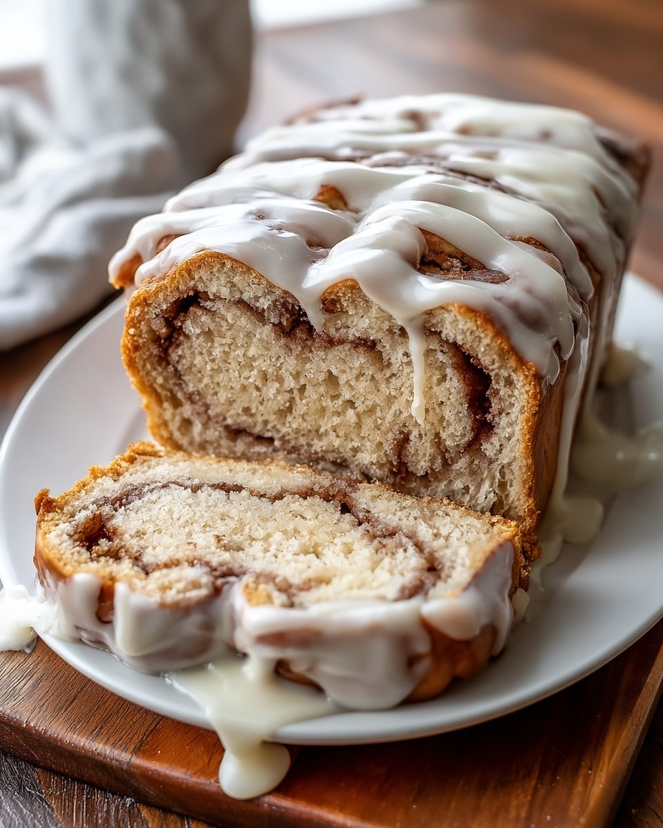 A loaf of cinnamon swirl bread sits on a white oval plate on a wooden board, with its soft interior and spiral layers of cinnamon sugar visible from a few thick slices cut and placed in front. The bread's golden brown crust is thick and slightly uneven, and a generous amount of white glaze drips down the top and sides, pooling slightly at the base. The glaze has a smooth, glossy texture that contrasts with the bread's crumbly surface. In the softly blurred background, a stack of flatbreads rests on a white marbled surface. photo taken with an iphone --ar 4:5 --v 7