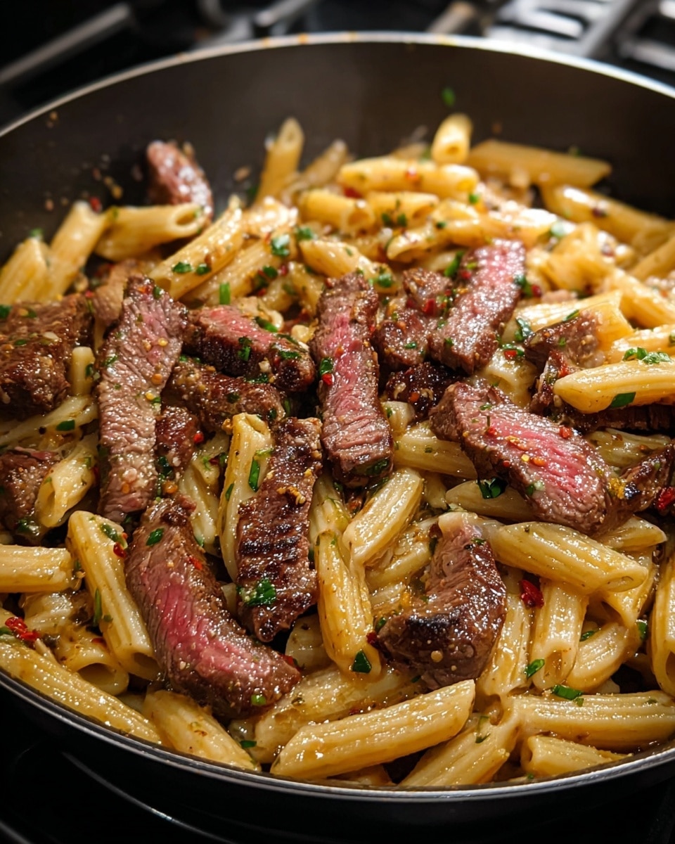 A close-up of a black pan filled with pasta and steak slices mixed together. The pasta is penne, cooked and coated in a light brown sauce with visible herbs and pepper flakes. On top and mixed through the pasta are medium-rare steak pieces, showing a brown crust outside with pink centers and specks of green herbs on them. The sauce glazes both the pasta and steak, giving a shiny, slightly oily look. The background shows a stove, but the focus stays on the pan's contents. photo taken with an iphone --ar 4:5 --v 7